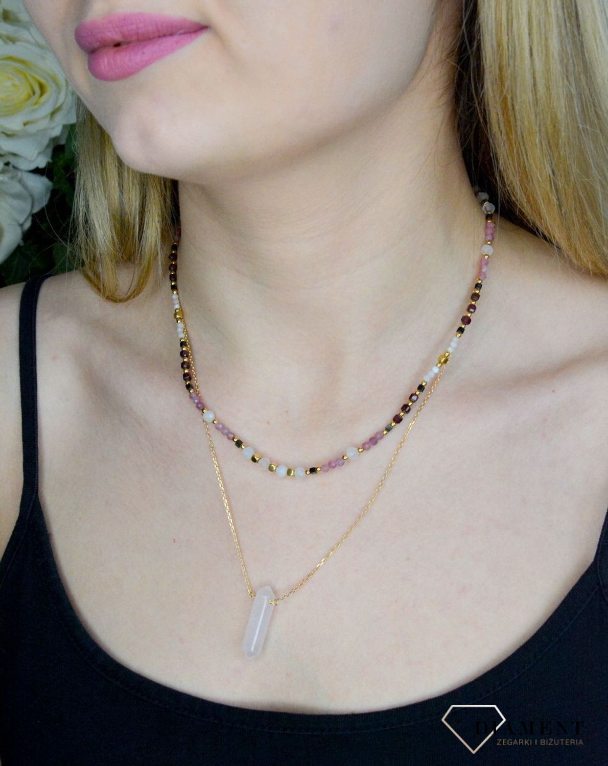 Naszyjnik damski kolorowe kamienie naturalne kwarc różowy, opal, granat, turmalin DIA-NSZ-8053-925.  Naszyjniki z kamieniami naturalnymi od lat zachwycają elegancją i ponadczasowym pięknem. Drobne koraliki kamieni naturalnych.jpg