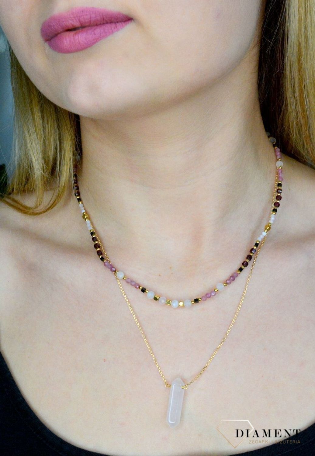 Naszyjnik damski kolorowe kamienie naturalne kwarc różowy, opal, granat, turmalin DIA-NSZ-8053-925.  Naszyjniki z kamieniami naturalnymi od lat zachwycają elegancją i ponadczasowym pięknem. Drobne koraliki kamieni naturalnych.jpg