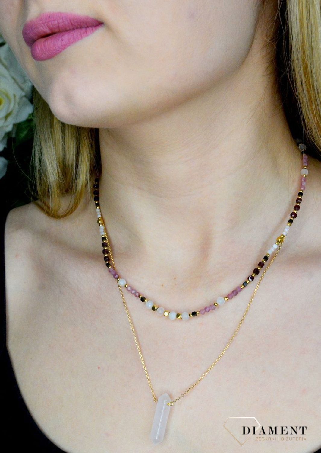 Naszyjnik damski kolorowe kamienie naturalne kwarc różowy, opal, granat, turmalin DIA-NSZ-8053-925.  Naszyjniki z kamieniami naturalnymi od lat zachwycają elegancją i ponadczasowym pięknem. Drobne koraliki kamieni naturalnych.jpg