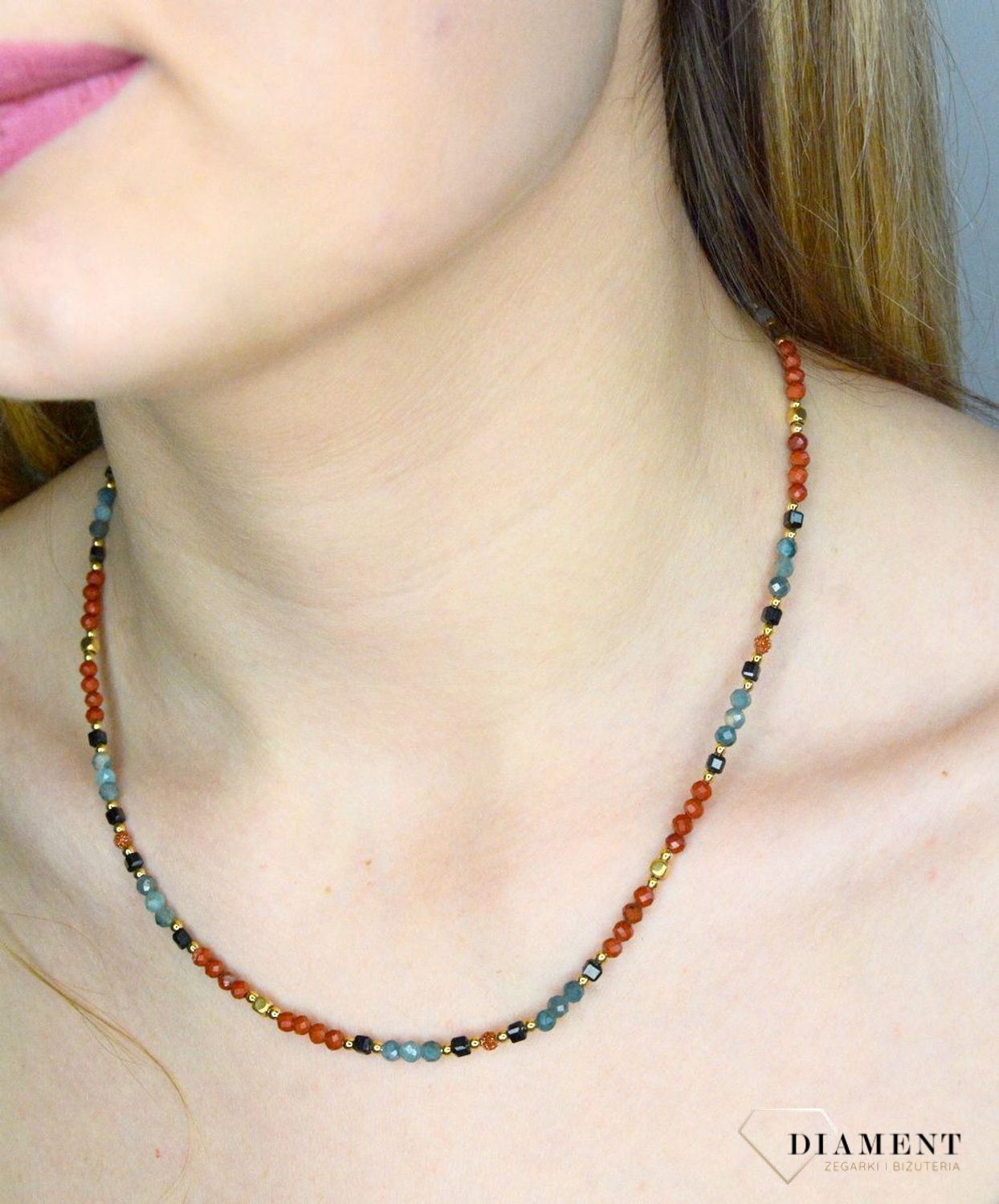 Naszyjnik damski kolorowe kamienie naturalne jaspis, turmalin, piasek pustyni DIA-NSZ-8057-925.  Naszyjniki z kamieniami naturalnymi od lat zachwycają elegancją i ponadczasowym pięknem. Drobne koraliki kamieni naturalnych..jpg