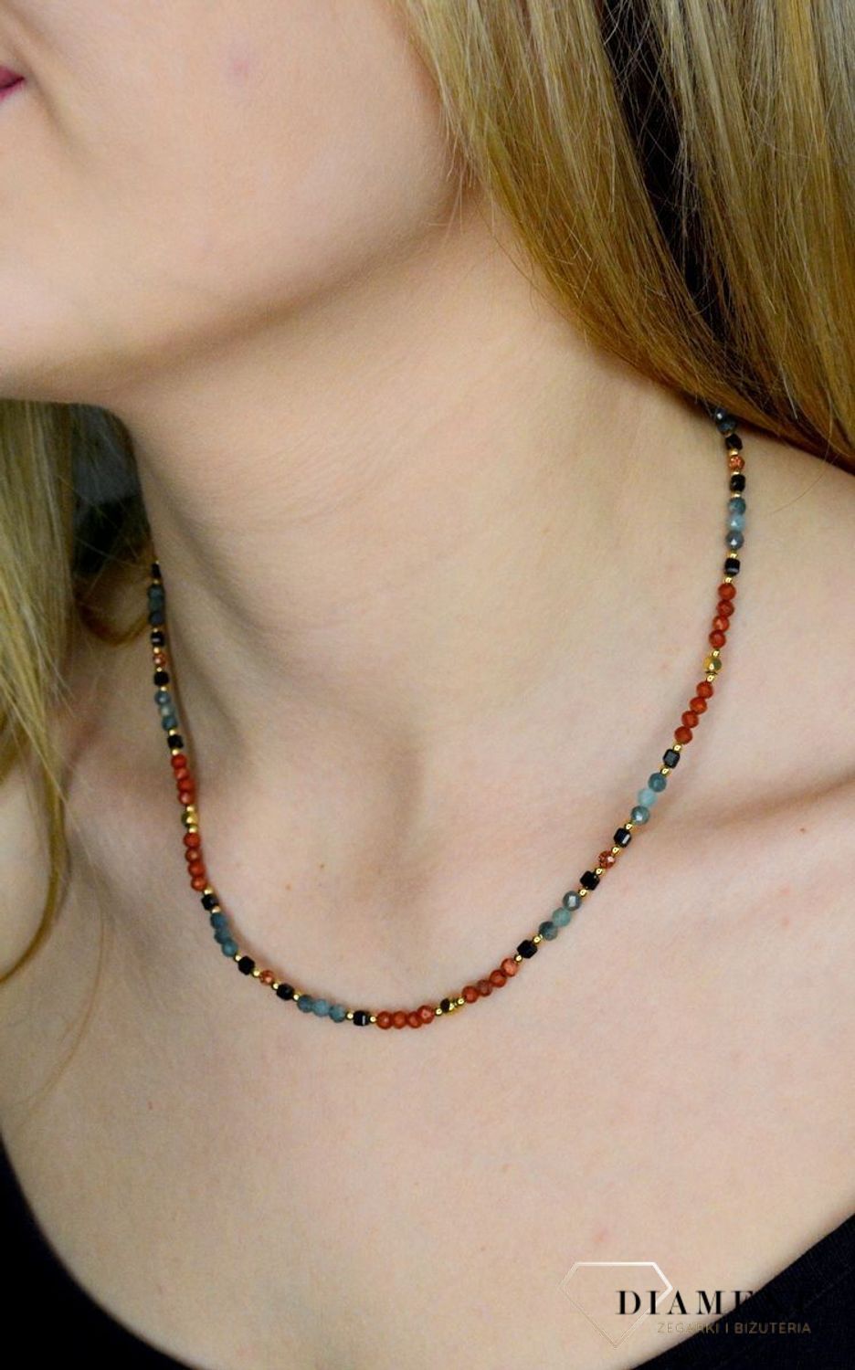 Naszyjnik damski kolorowe kamienie naturalne jaspis, turmalin, piasek pustyni DIA-NSZ-8057-925.  Naszyjniki z kamieniami naturalnymi od lat zachwycają elegancją i ponadczasowym pięknem. Drobne koraliki kamieni naturalnych..jpg