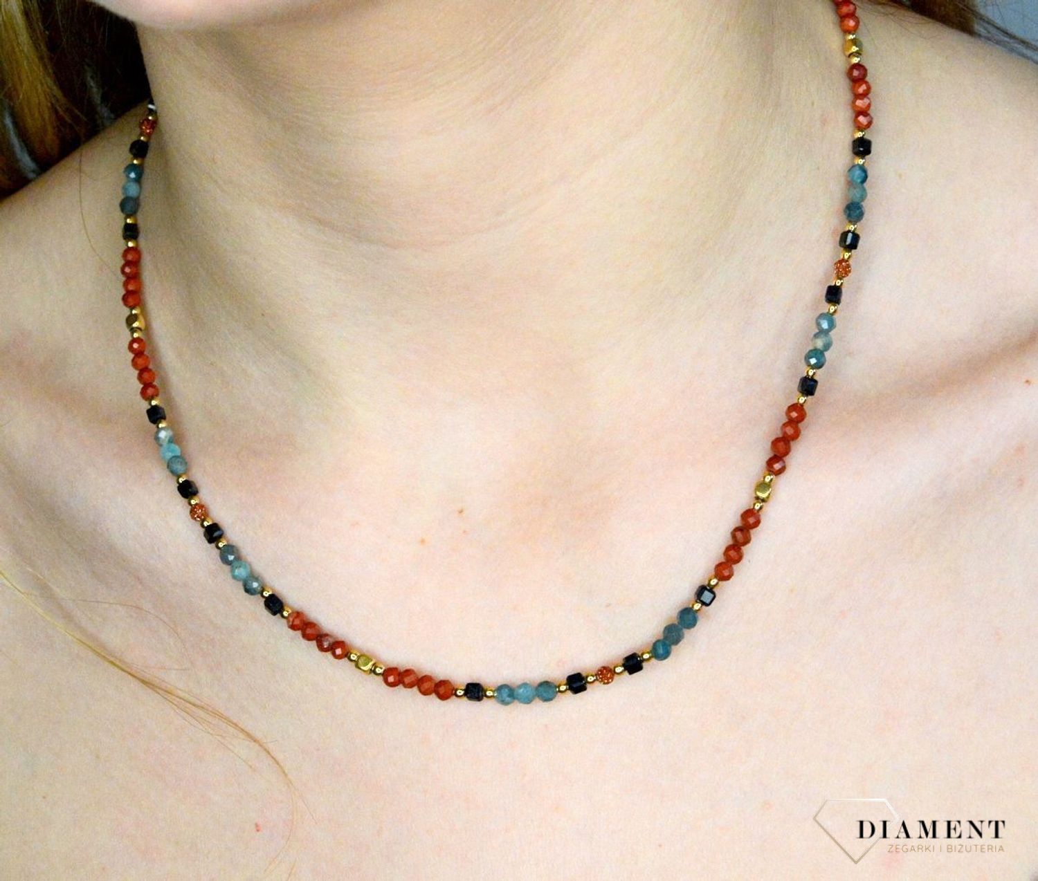 Naszyjnik damski kolorowe kamienie naturalne jaspis, turmalin, piasek pustyni DIA-NSZ-8057-925.  Naszyjniki z kamieniami naturalnymi od lat zachwycają elegancją i ponadczasowym pięknem. Drobne koraliki kamieni naturalnych..jpg