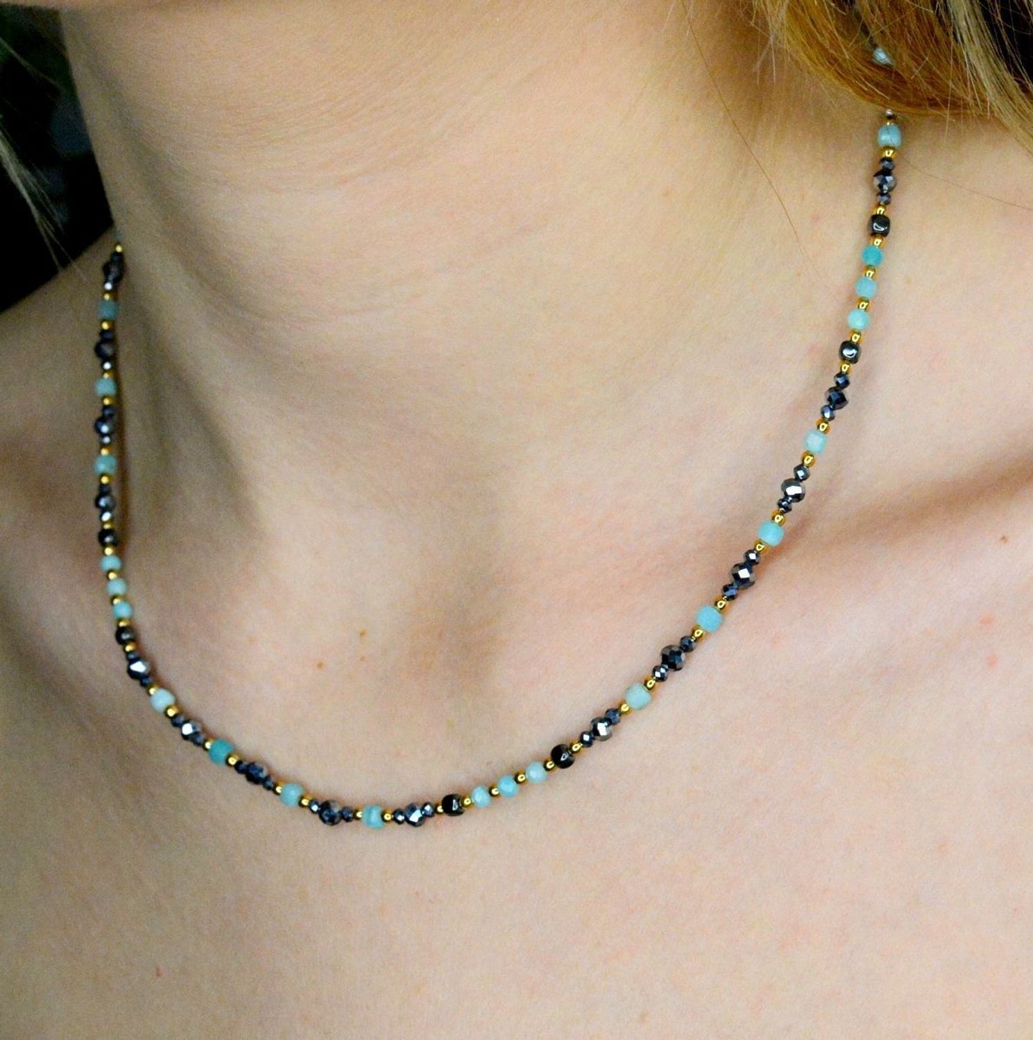 Naszyjnik z kamieniami kamienie naturalnymi hikari, amazonit Srebro DIA-NSZ-8060-925. Uroczy naszyjnik składająca się z drobnych kamieni naturalnych. Prezent dla mamy (1).JPG