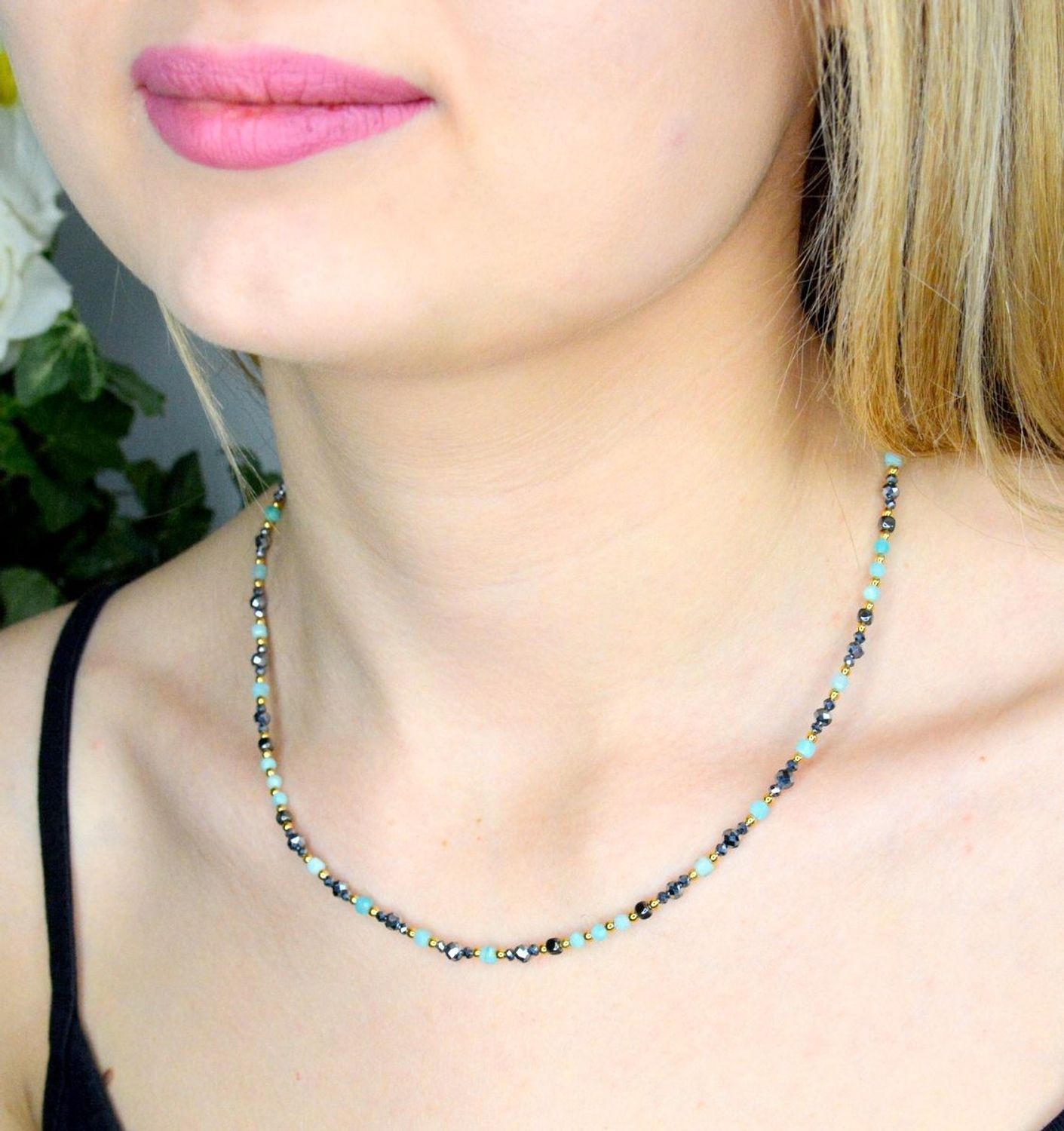 Naszyjnik z kamieniami kamienie naturalnymi hikari, amazonit Srebro DIA-NSZ-8060-925. Uroczy naszyjnik składająca się z drobnych kamieni naturalnych. Prezent dla mamy (1).JPG