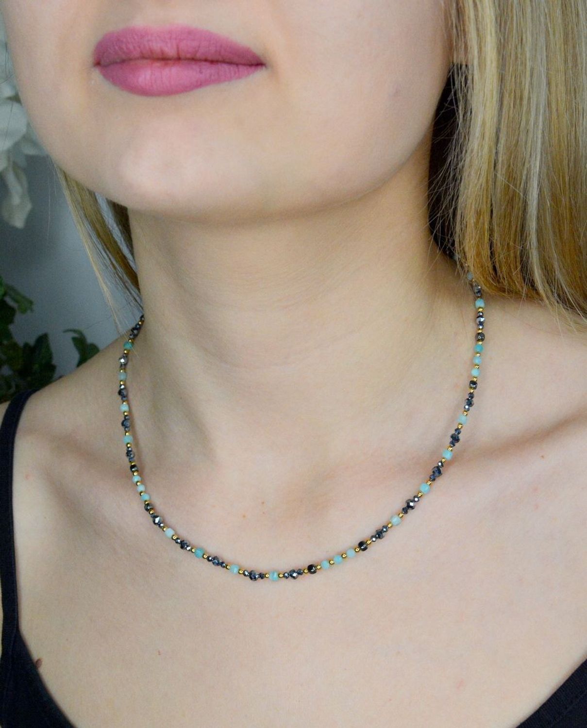 Naszyjnik z kamieniami kamienie naturalnymi hikari, amazonit Srebro DIA-NSZ-8060-925. Uroczy naszyjnik składająca się z drobnych kamieni naturalnych. Prezent dla mamy (1).JPG