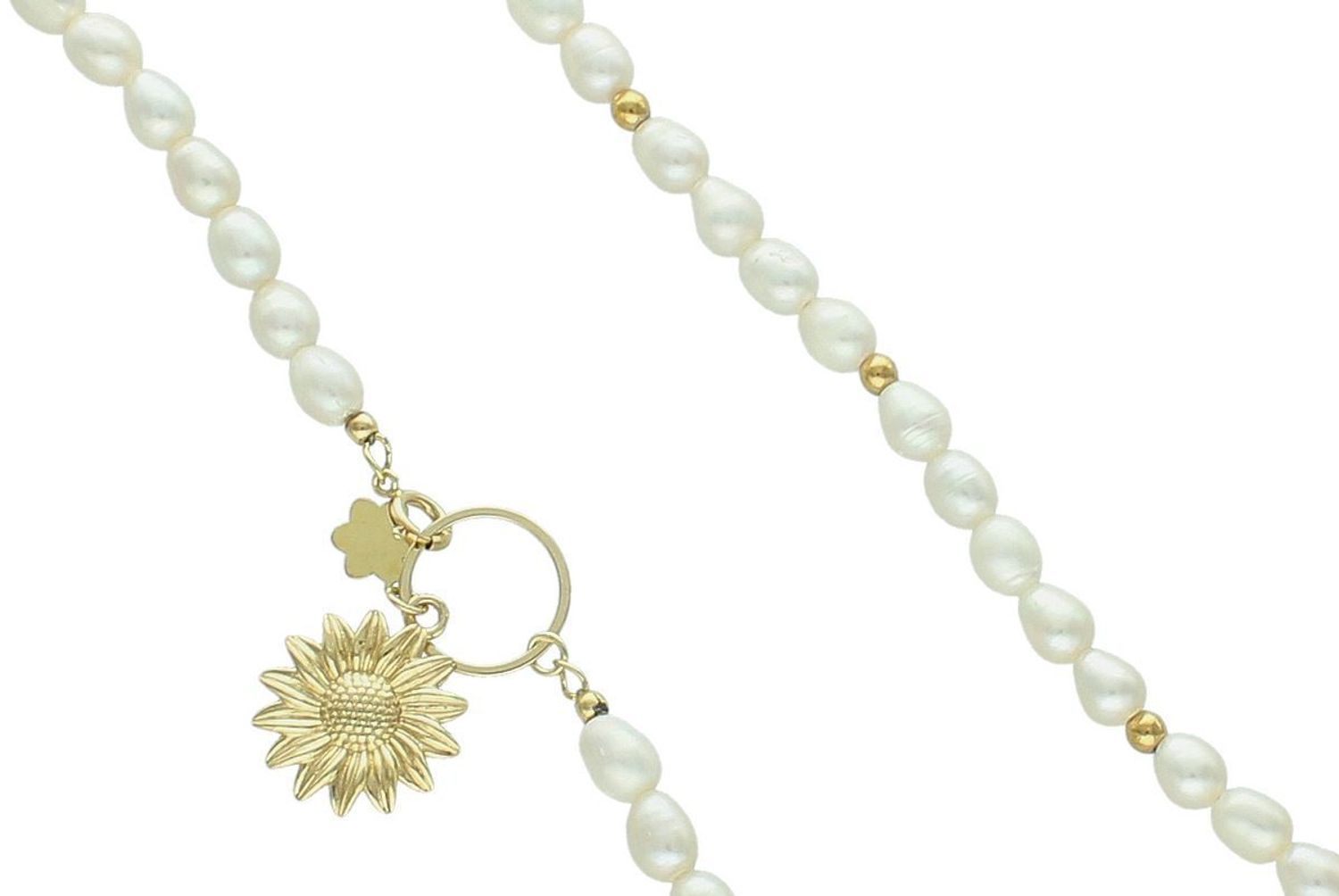 Naszyjnik z białych pereł hodowlanych 45 cm  Pozłacane detale i zawieszka słonecznik.jpg