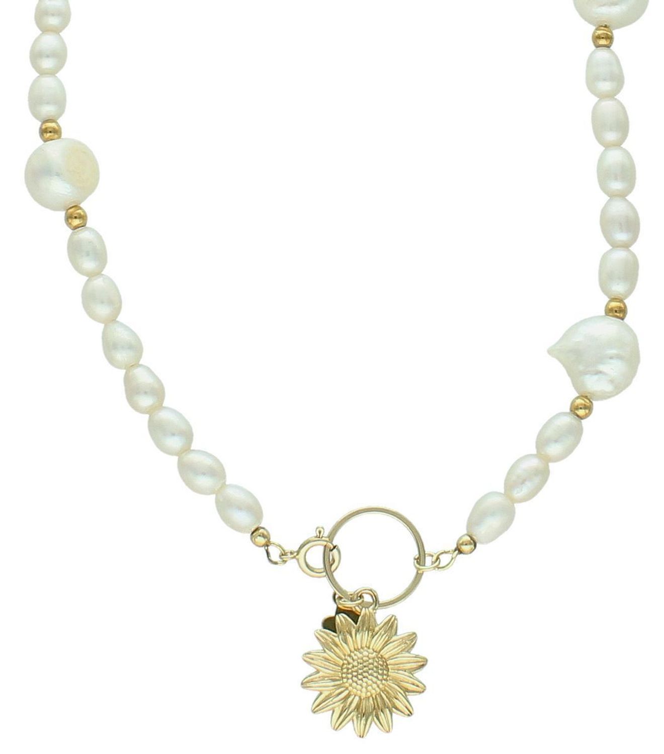 Naszyjnik z białych pereł hodowlanych 45 cm  Pozłacane detale i zawieszka słonecznik.jpg
