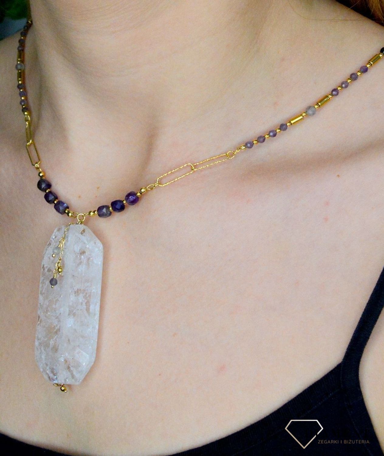 Naszyjnik damski kolorowe kamienie naturalne kryształ górski, ametyst, labradoryt DIA-NSZ-8065-925. Naszyjniki z kamieniami naturalnymi od lat zachwycają elegancją i ponadczasowym pięknem. Drobne koraliki kamieni naturalnych w.jpg