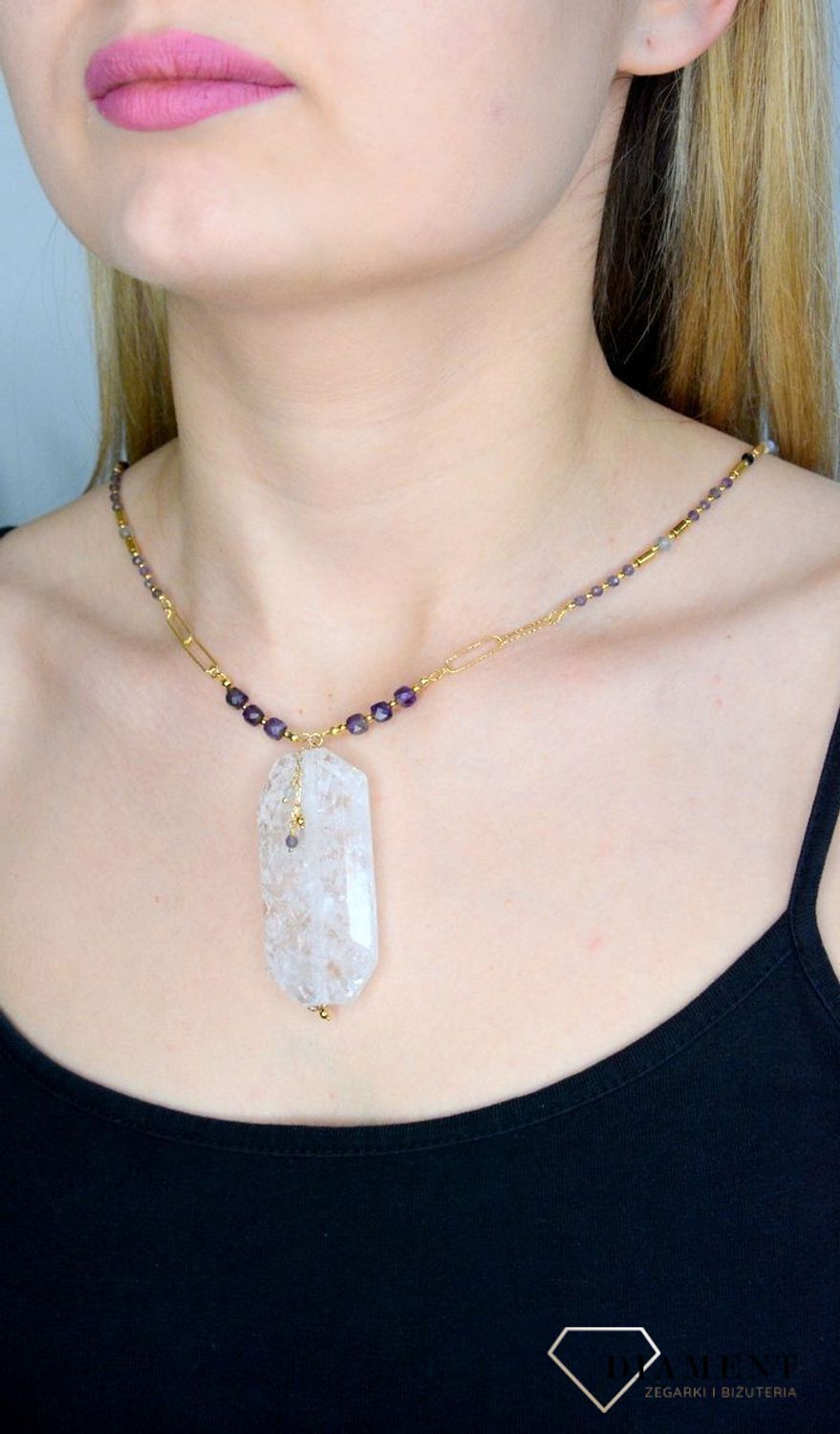 Naszyjnik damski kolorowe kamienie naturalne kryształ górski, ametyst, labradoryt DIA-NSZ-8065-925. Naszyjniki z kamieniami naturalnymi od lat zachwycają elegancją i ponadczasowym pięknem. Drobne koraliki kamieni naturalnych w.jpg