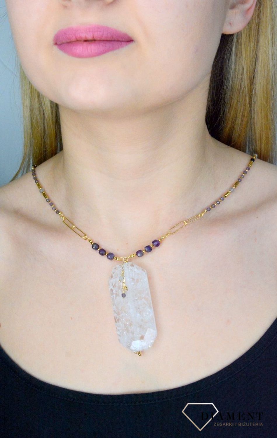 Naszyjnik damski kolorowe kamienie naturalne kryształ górski, ametyst, labradoryt DIA-NSZ-8065-925. Naszyjniki z kamieniami naturalnymi od lat zachwycają elegancją i ponadczasowym pięknem. Drobne koraliki kamieni naturalnych w.jpg