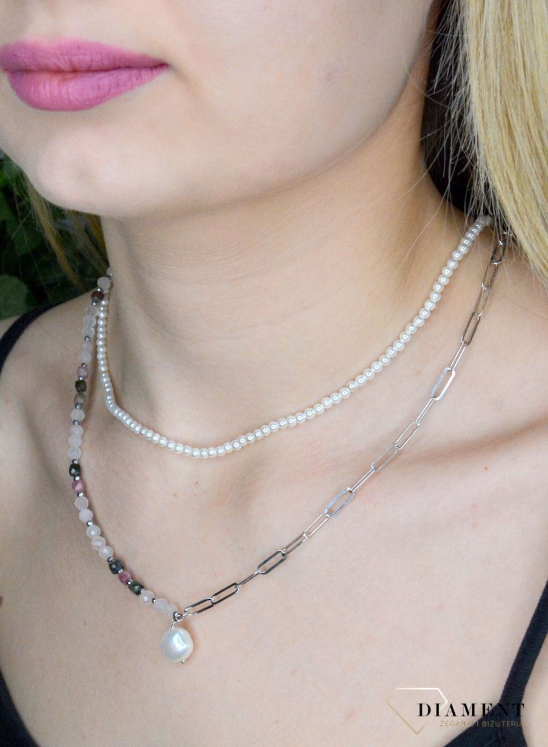 Naszyjnik damski kolorowe kamienie naturalne turmalin, perła, kwarc różowy DIA-NSZ-8125-925.  Naszyjniki z kamieniami naturalnymi od lat zachwycają elegancją i ponadczasowym pięknem. Drobne koraliki kamieni naturalnych w odcie.jpg