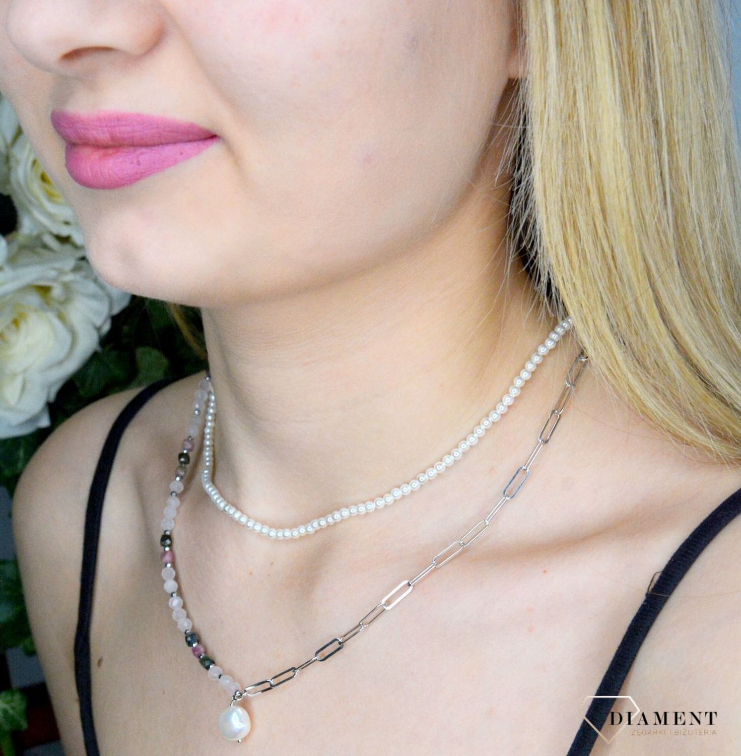 Naszyjnik damski kolorowe kamienie naturalne turmalin, perła, kwarc różowy DIA-NSZ-8125-925.  Naszyjniki z kamieniami naturalnymi od lat zachwycają elegancją i ponadczasowym pięknem. Drobne koraliki kamieni naturalnych w odcie.jpg