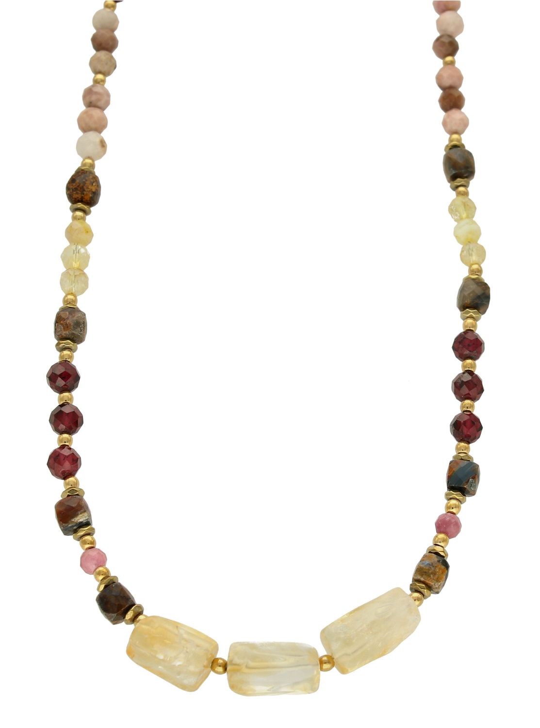 Naszyjnik damski kolorowe kamienie naturalne granat, cytryn, rodonit DIA-NSZ-8129-925. Naszyjniki z kamieniami naturalnymi od lat zachwycają elegancją i ponadczasowym pięknem. Drobne koraliki kamieni naturalnych w odcieniach r.jpg