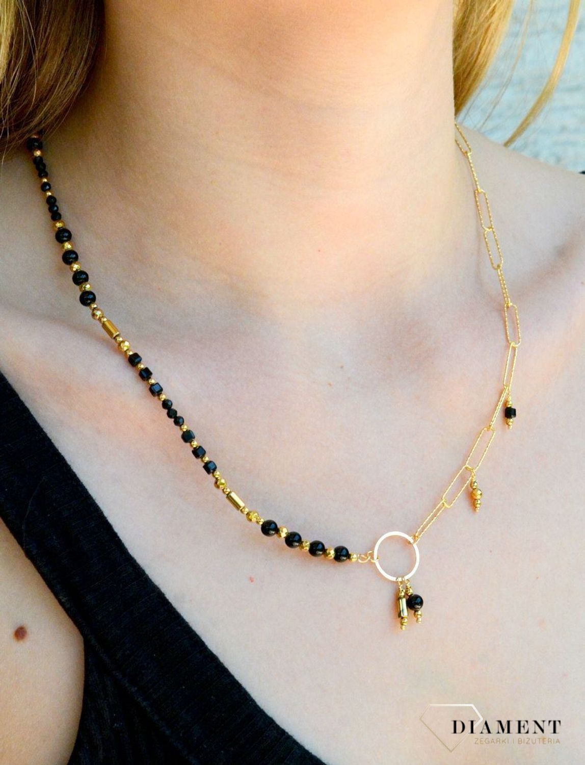 Naszyjnik damski srebrny pokryty złotem kamienie naturalne onyks, spinel DIA-NSZ-8130-925. Modny naszyjnik na lato. Biżuteria z kamieniami naturalnymi. Naszyjnik spinacze. Darmowa dostawa..jpg