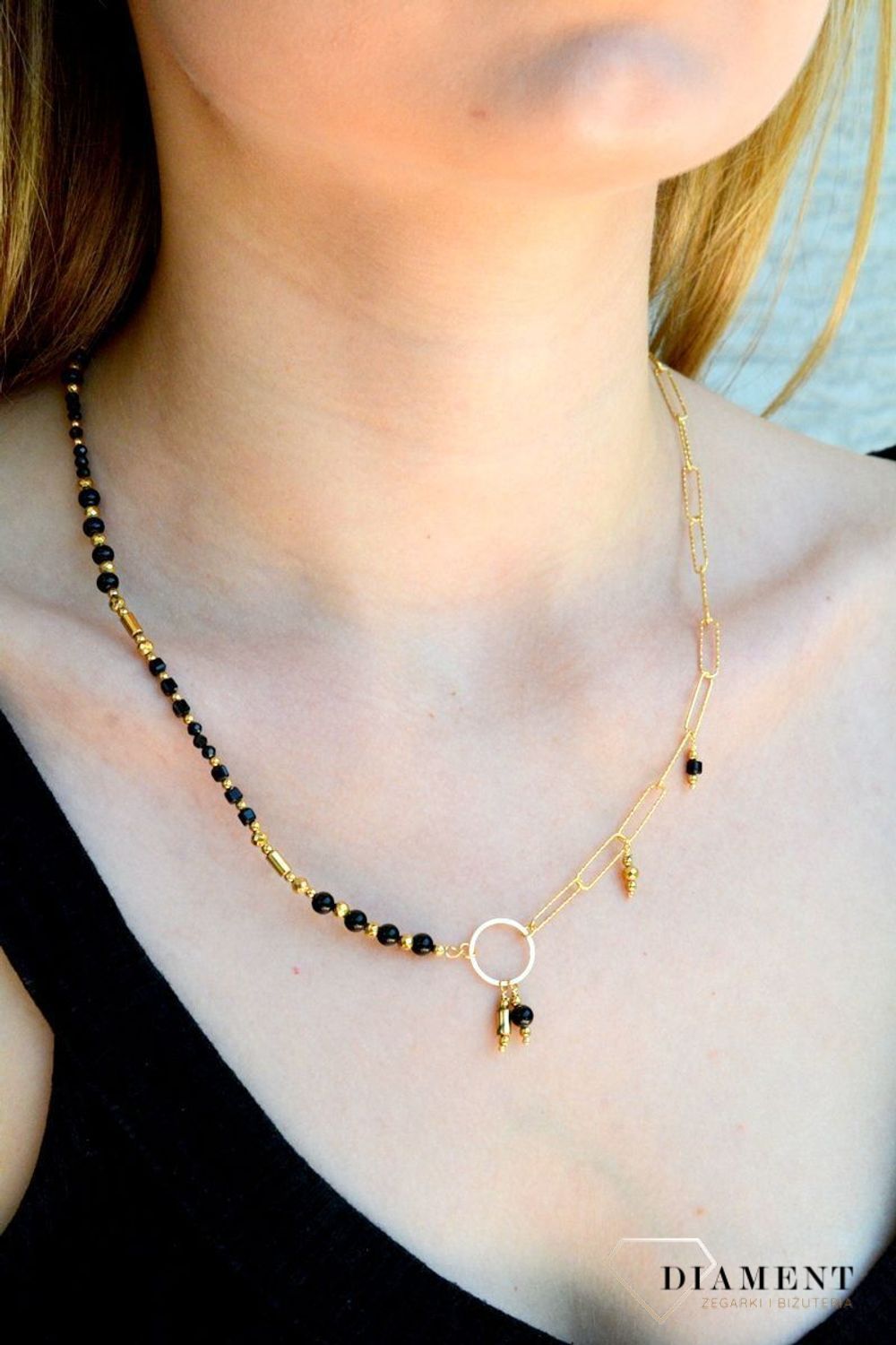 Naszyjnik damski srebrny pokryty złotem kamienie naturalne onyks, spinel DIA-NSZ-8130-925. Modny naszyjnik na lato. Biżuteria z kamieniami naturalnymi. Naszyjnik spinacze. Darmowa dostawa..jpg