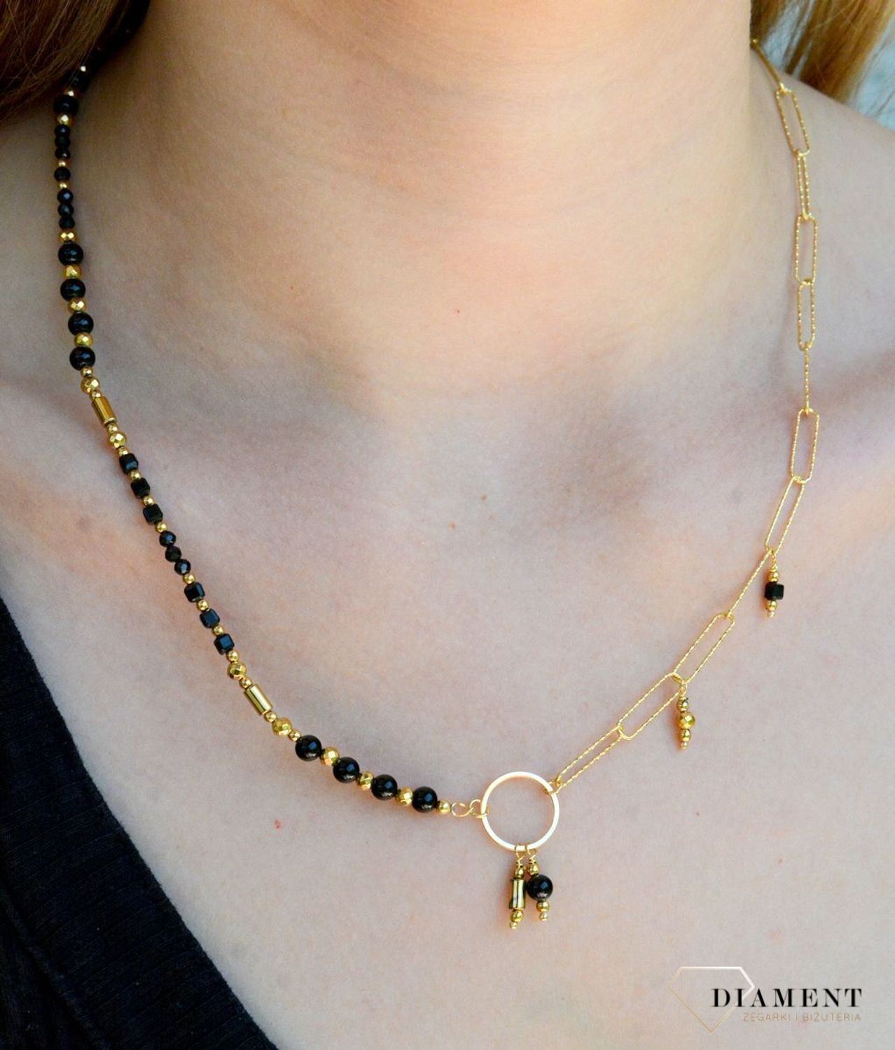 Naszyjnik damski srebrny pokryty złotem kamienie naturalne onyks, spinel DIA-NSZ-8130-925. Modny naszyjnik na lato. Biżuteria z kamieniami naturalnymi. Naszyjnik spinacze. Darmowa dostawa..jpg