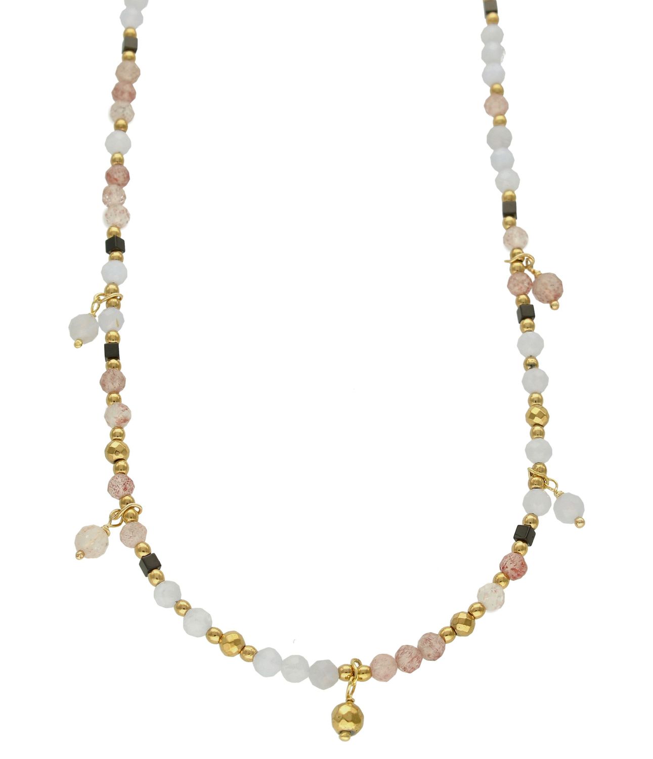 Naszyjnik damski kolorowe kamienie naturalne kwarc truskawkowy, chalcedon DIA-NSZ-8132-925. Naszyjniki z kamieniami naturalnymi od lat zachwycają elegancją i ponadczasowym pięknem. Drobne koraliki kamieni naturalnych w odcieni.jpg