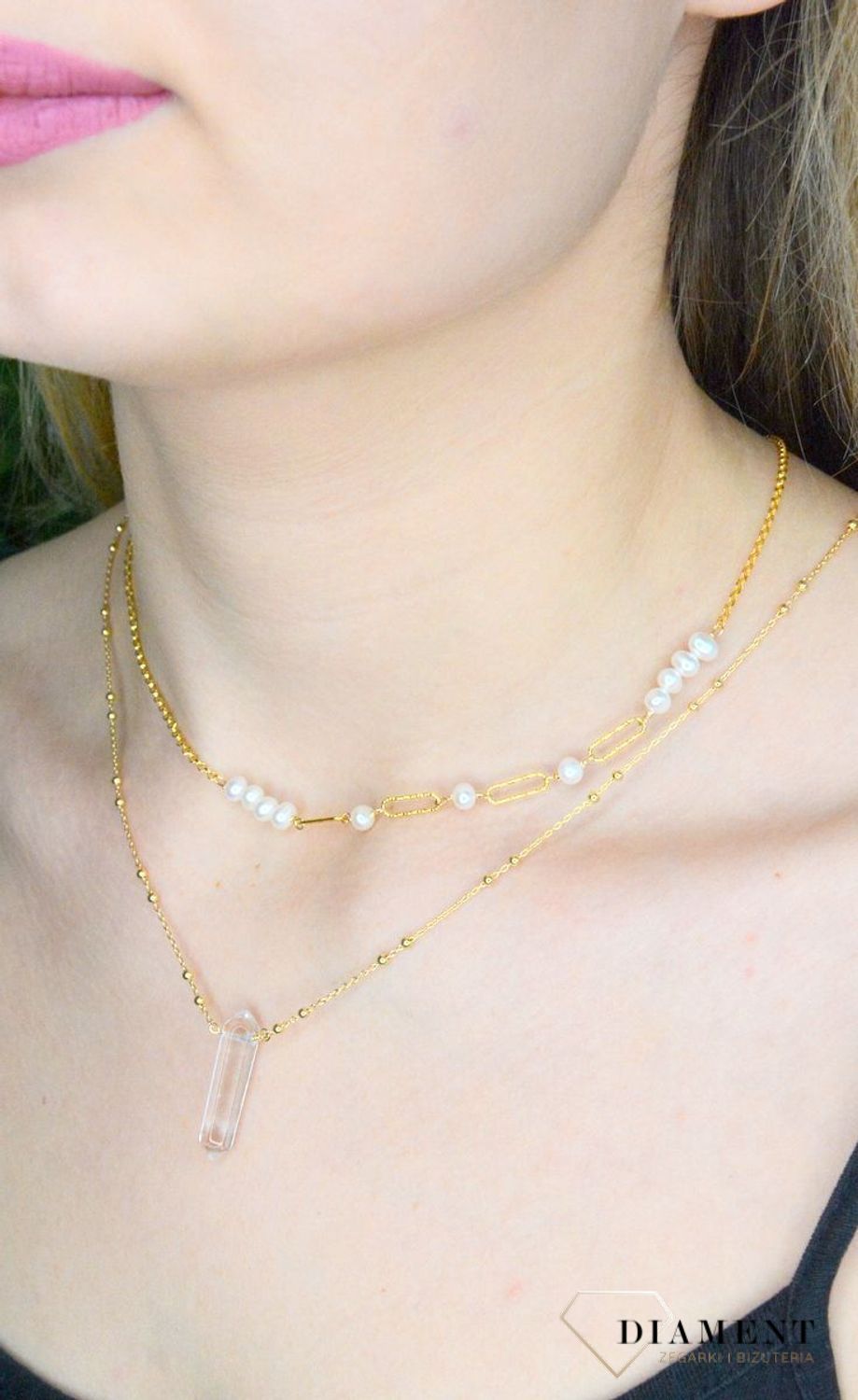 Naszyjnik srebrny pozłacany kuleczkami i z kryształem górskim DIA-NSZ-8134-925. Naszyjnik srebrno pozłacane 925 kryształ górski to propozycja od  Sklepu Jubilerskiego Diament. Kamienie naturalne od wieków zachwycają elegancją.jpg