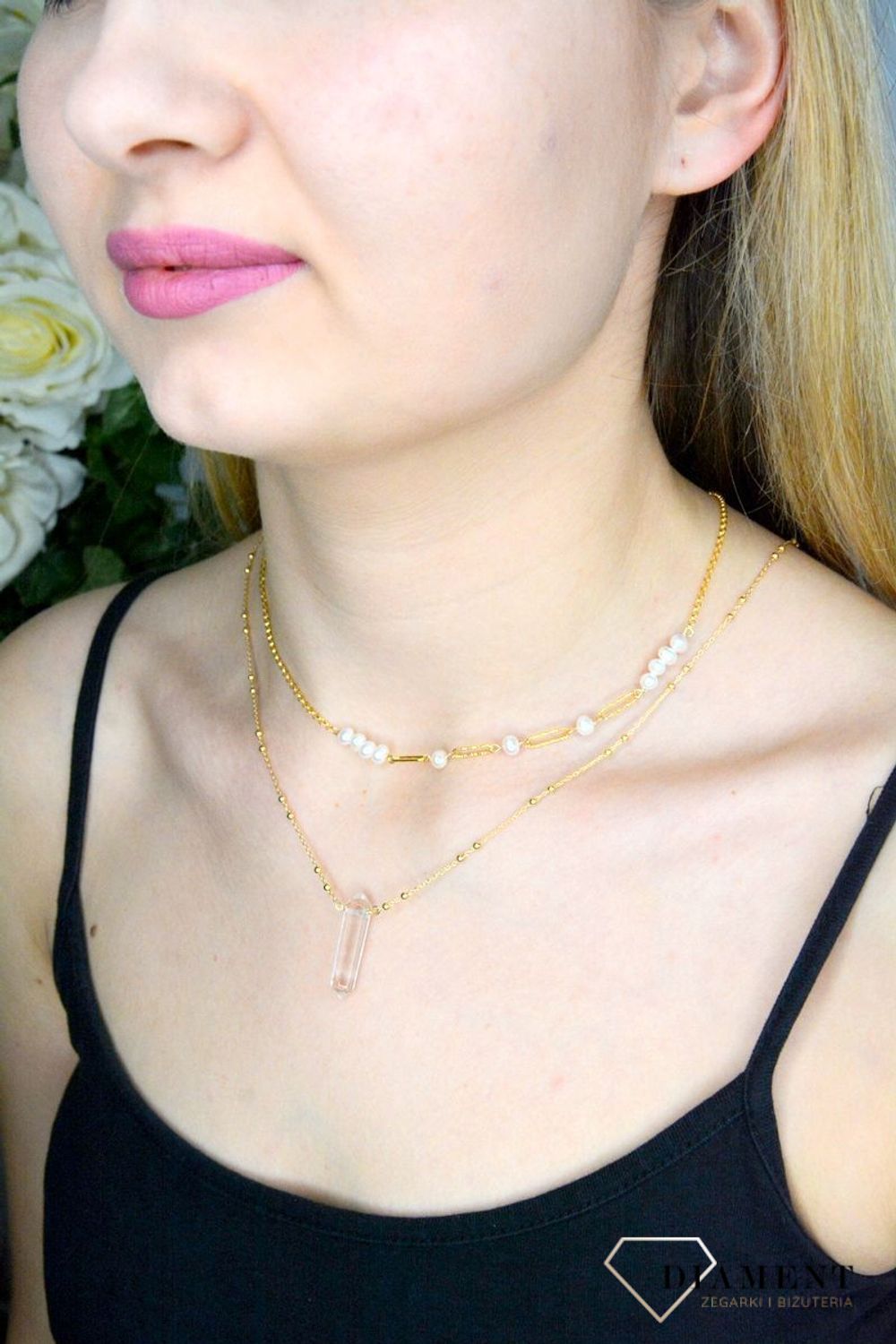 Naszyjnik srebrny pozłacany kuleczkami i z kryształem górskim DIA-NSZ-8134-925. Naszyjnik srebrno pozłacane 925 kryształ górski to propozycja od  Sklepu Jubilerskiego Diament. Kamienie naturalne od wieków zachwycają elegancją.jpg