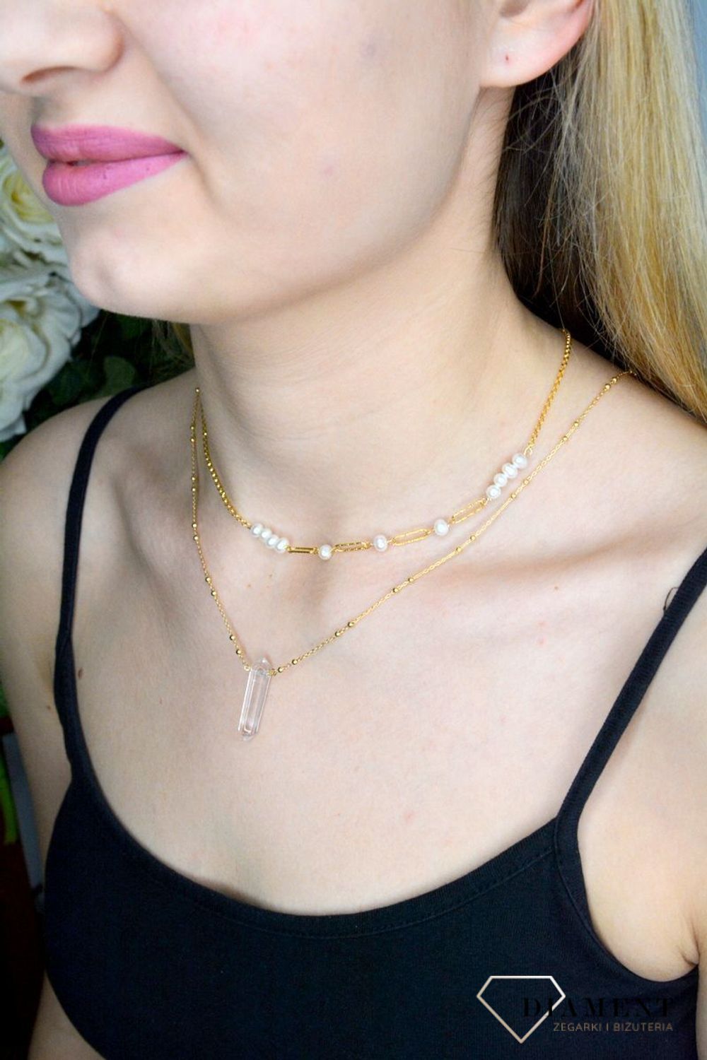 Naszyjnik srebrny pozłacany kuleczkami i z kryształem górskim DIA-NSZ-8134-925. Naszyjnik srebrno pozłacane 925 kryształ górski to propozycja od  Sklepu Jubilerskiego Diament. Kamienie naturalne od wieków zachwycają elegancją.jpg