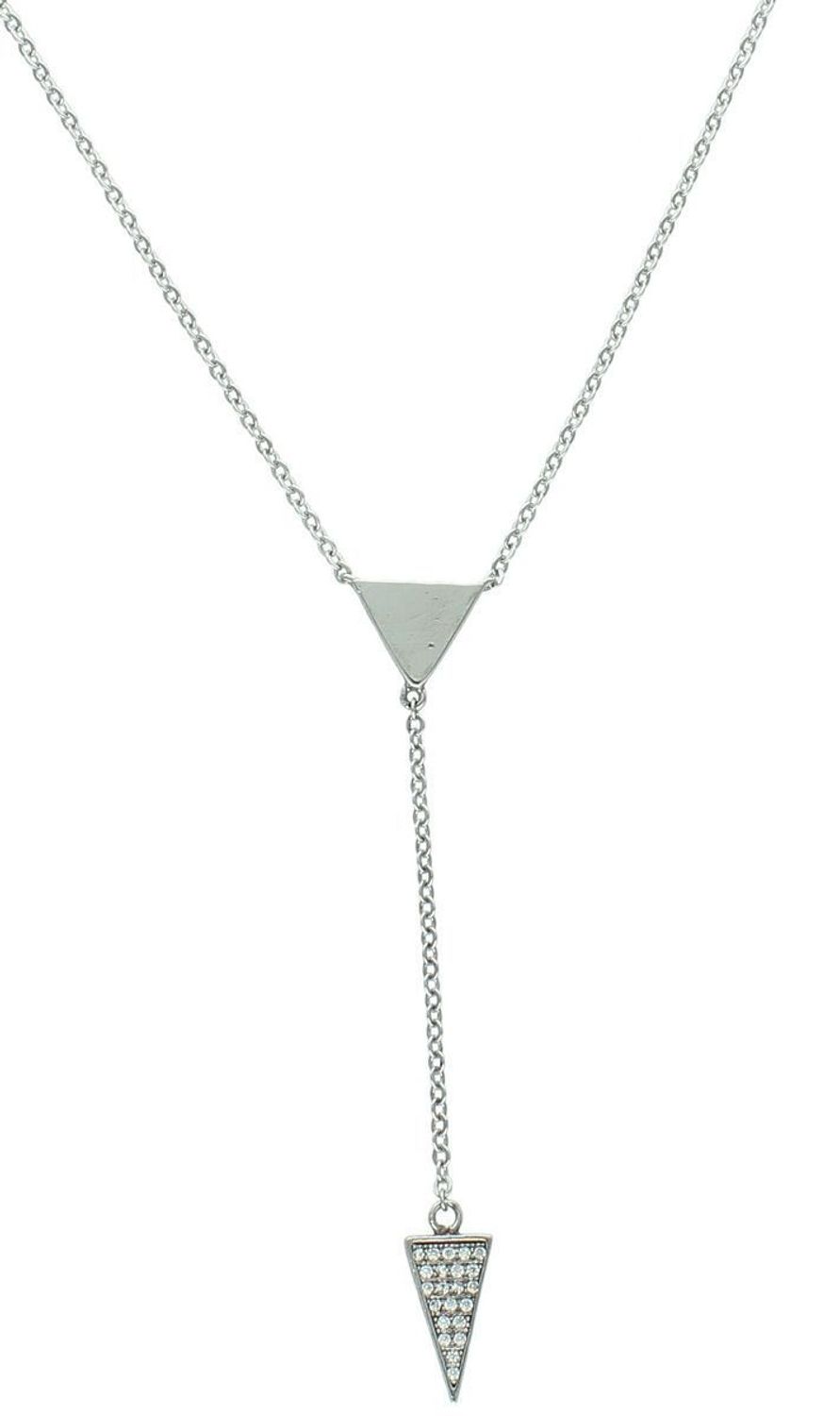 Stylowy srebrny naszyjnik 925 typu krawatka z zawieszką 6,5 cm. Trójkąty – jeden z cyrkonią, drugi gładki. Zapięcie na karabińczyk. Elegancja i nowoczesność w jednym.1.jpg