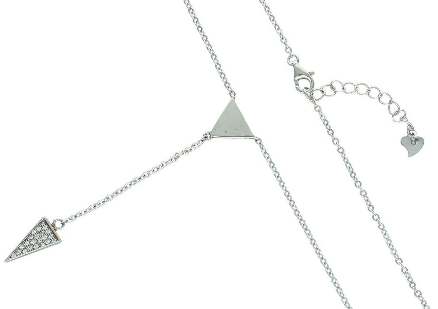 Stylowy srebrny naszyjnik 925 typu krawatka z zawieszką 6,5 cm. Trójkąty – jeden z cyrkonią, drugi gładki. Zapięcie na karabińczyk. Elegancja i nowoczesność w jednym.1.jpg
