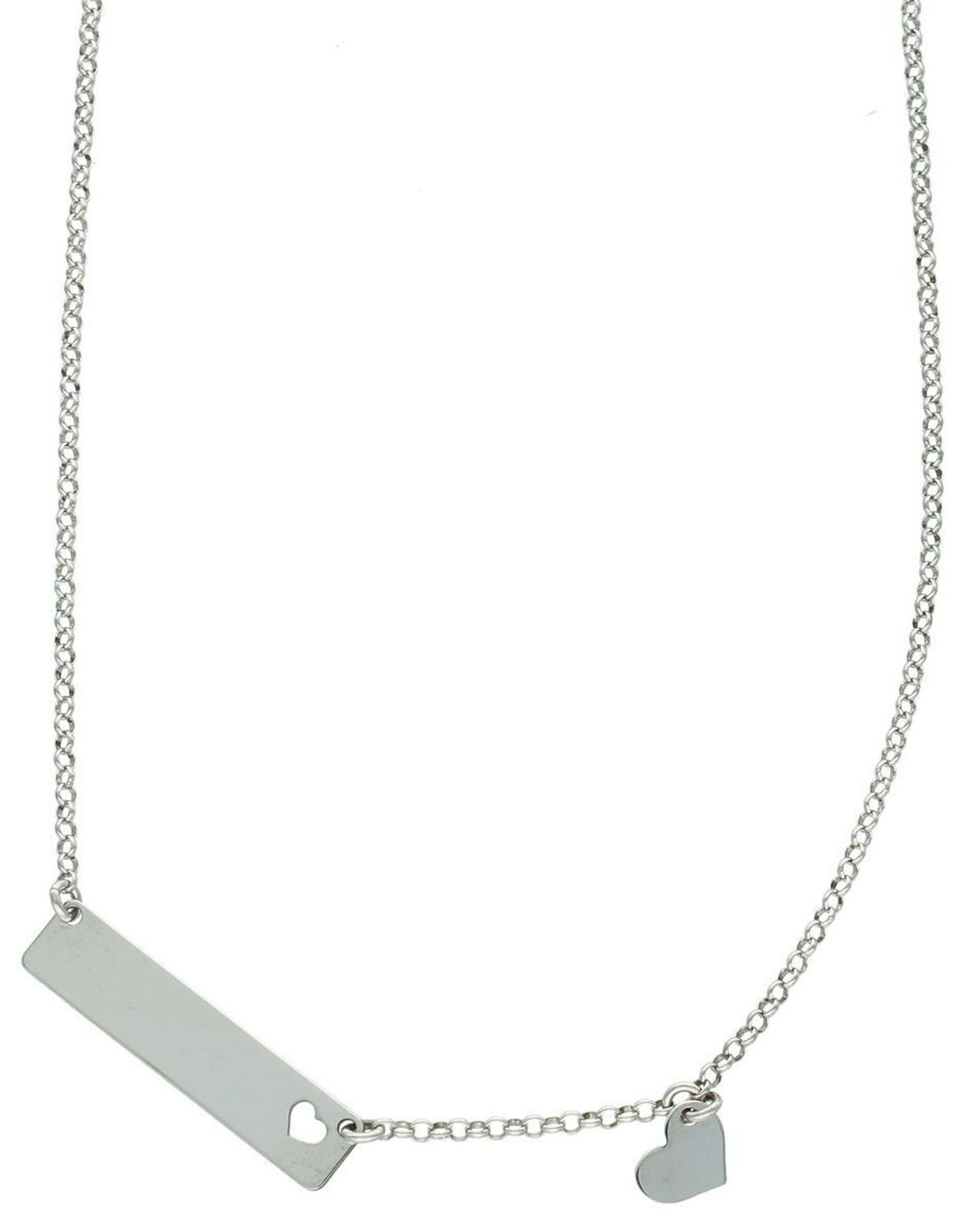 Delikatny naszyjnik srebrny 925 – DIA-NSZ-8602-925 z prostokątną blaszką i wyciętym serduszkiem. Długość 45+3 cm, waga 3,40 g. Subtelny prezent z symboliką miłości.1.jpg