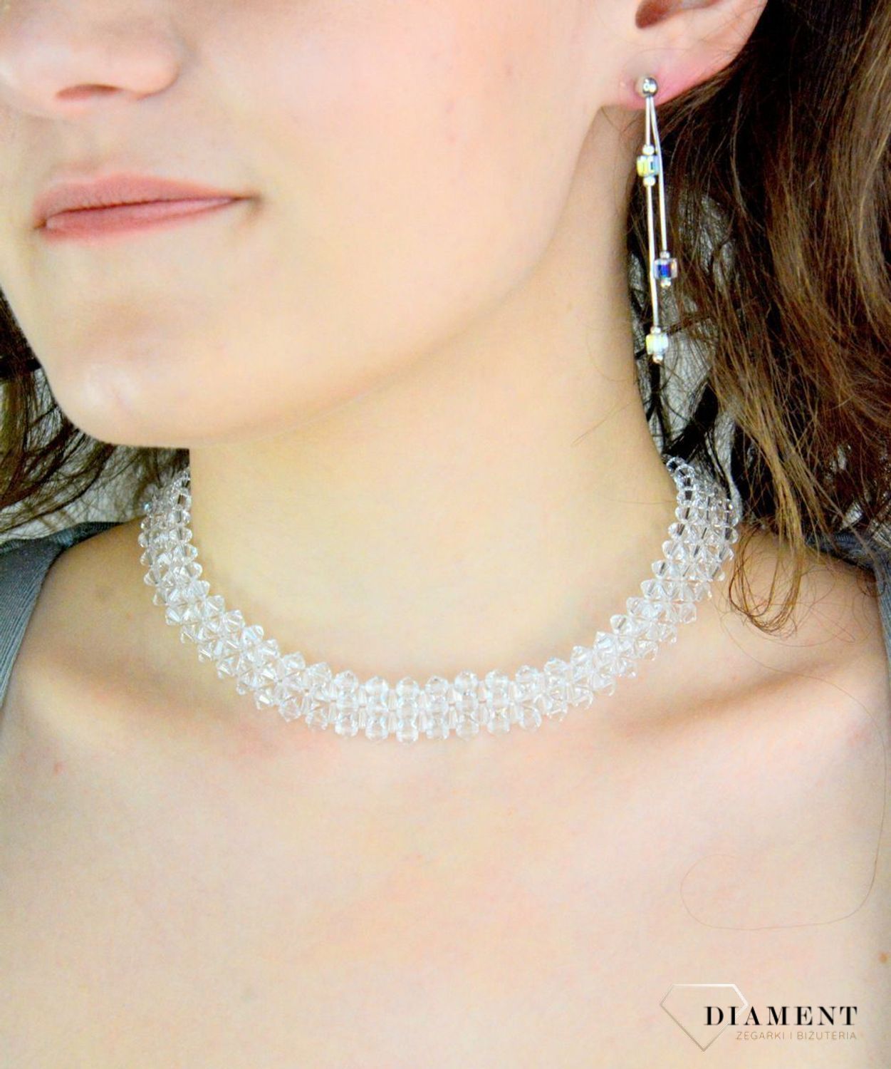 Srebrny naszyjnik damski 925 z kryształkami Swarovski typu choker DIA-NSZ-8609-925. Naszyjnik ślubny. Biżuteria ślubna. Błyszczący naszyjnik z kryształkami. Pomysł na prezent.1.jpg
