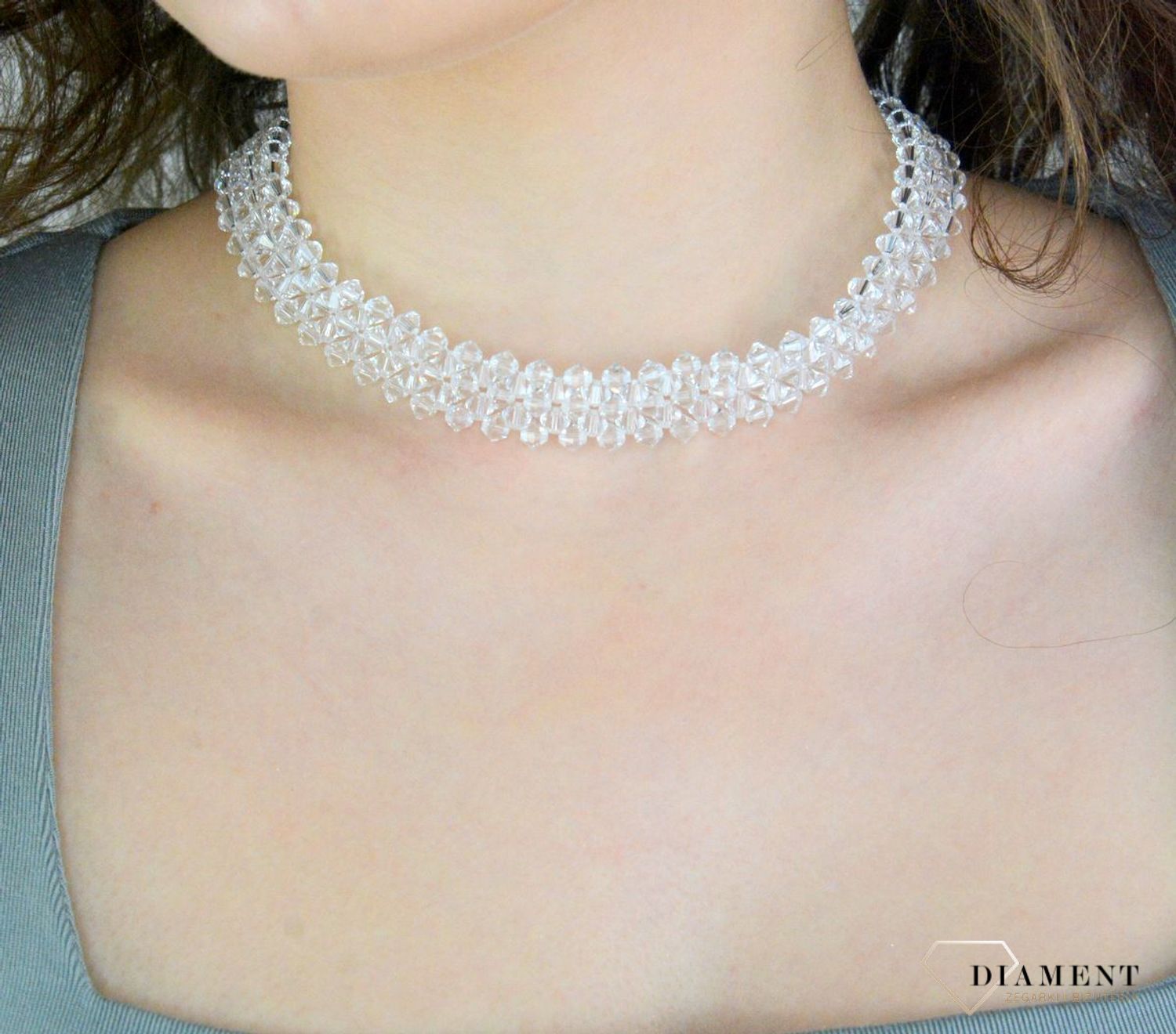 Srebrny naszyjnik damski 925 z kryształkami Swarovski typu choker DIA-NSZ-8609-925. Naszyjnik ślubny. Biżuteria ślubna. Błyszczący naszyjnik z kryształkami. Pomysł na prezent.1.jpg