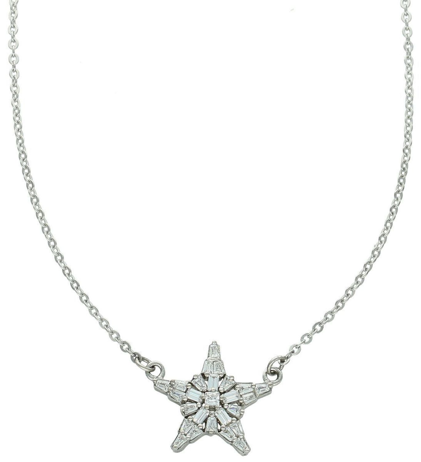 Naszyjnik damski srebrny próby 925 z zawieszką w kształcie gwiazdki zdobioną cyrkoniami o wielkości 1,6 cm. Łańcuszek długości 43 cm + 5 cm regulacji, zapięcie na karabińczyk, waga 3,70 g. 1.jpg