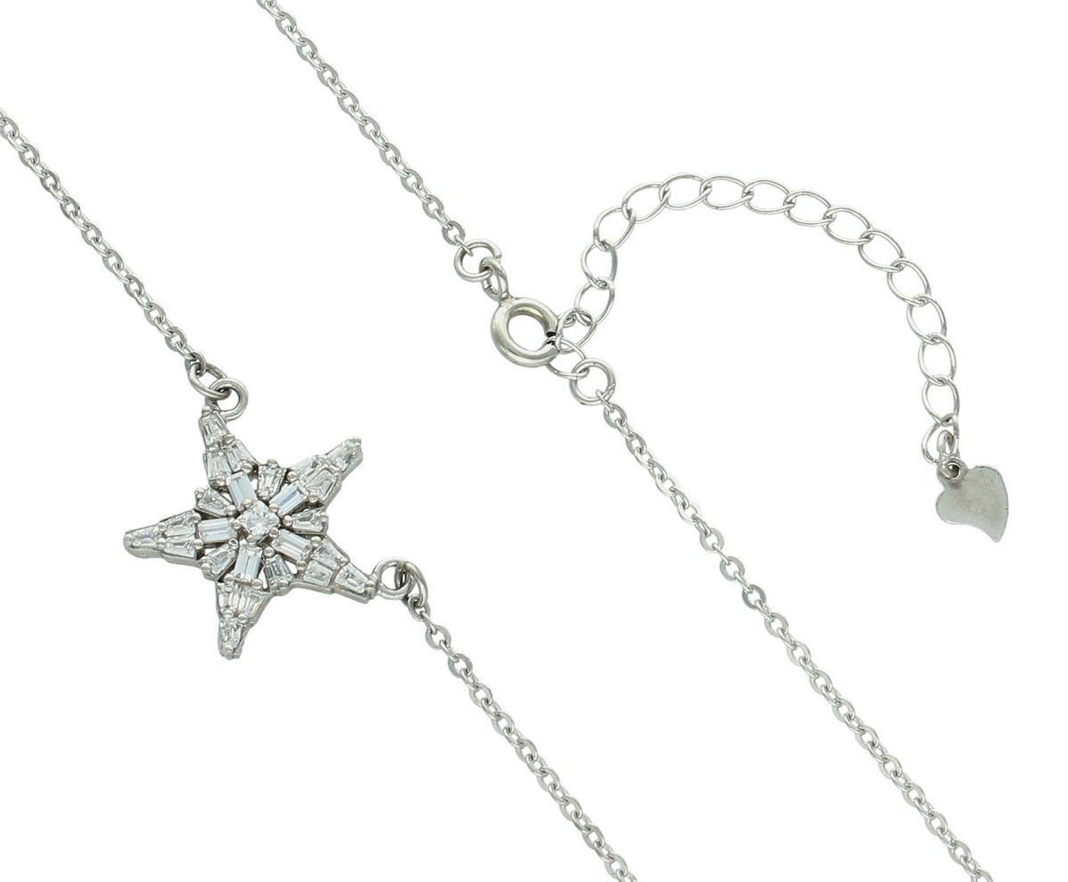 Naszyjnik damski srebrny próby 925 z zawieszką w kształcie gwiazdki zdobioną cyrkoniami o wielkości 1,6 cm. Łańcuszek długości 43 cm + 5 cm regulacji, zapięcie na karabińczyk, waga 3,70 g. 1.jpg