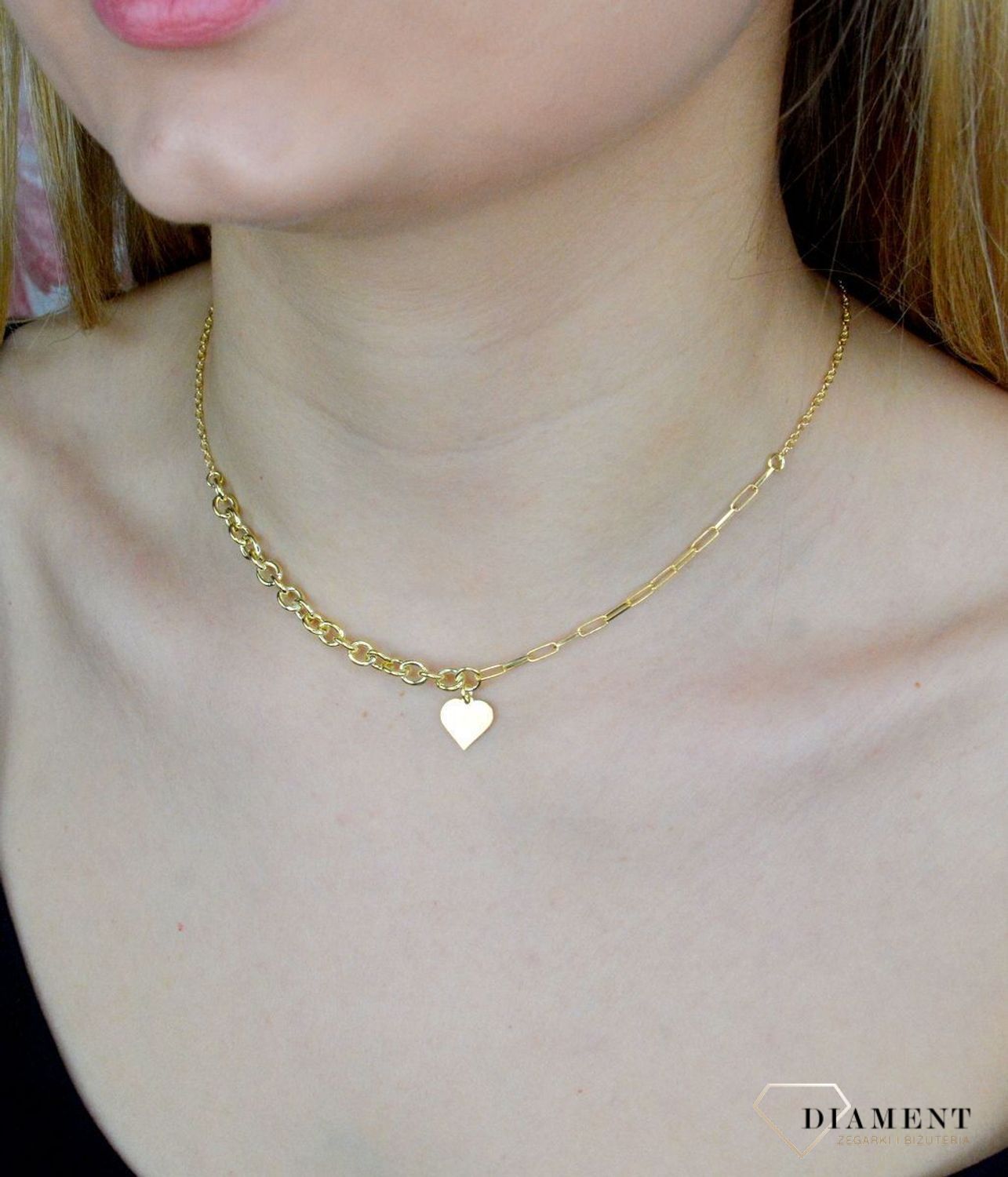 Naszyjnik srebrny pokryty złotem z serduszkiem DIA-NSZ-9097Z-925. Naszyjnik wykonany z najwyższej próby srebra o splocie ankier oraz spinacze wraz z zawieszką  blaszką w kształcie serca. Naszyjnik pokryty złotem dla ukochanej..jpg
