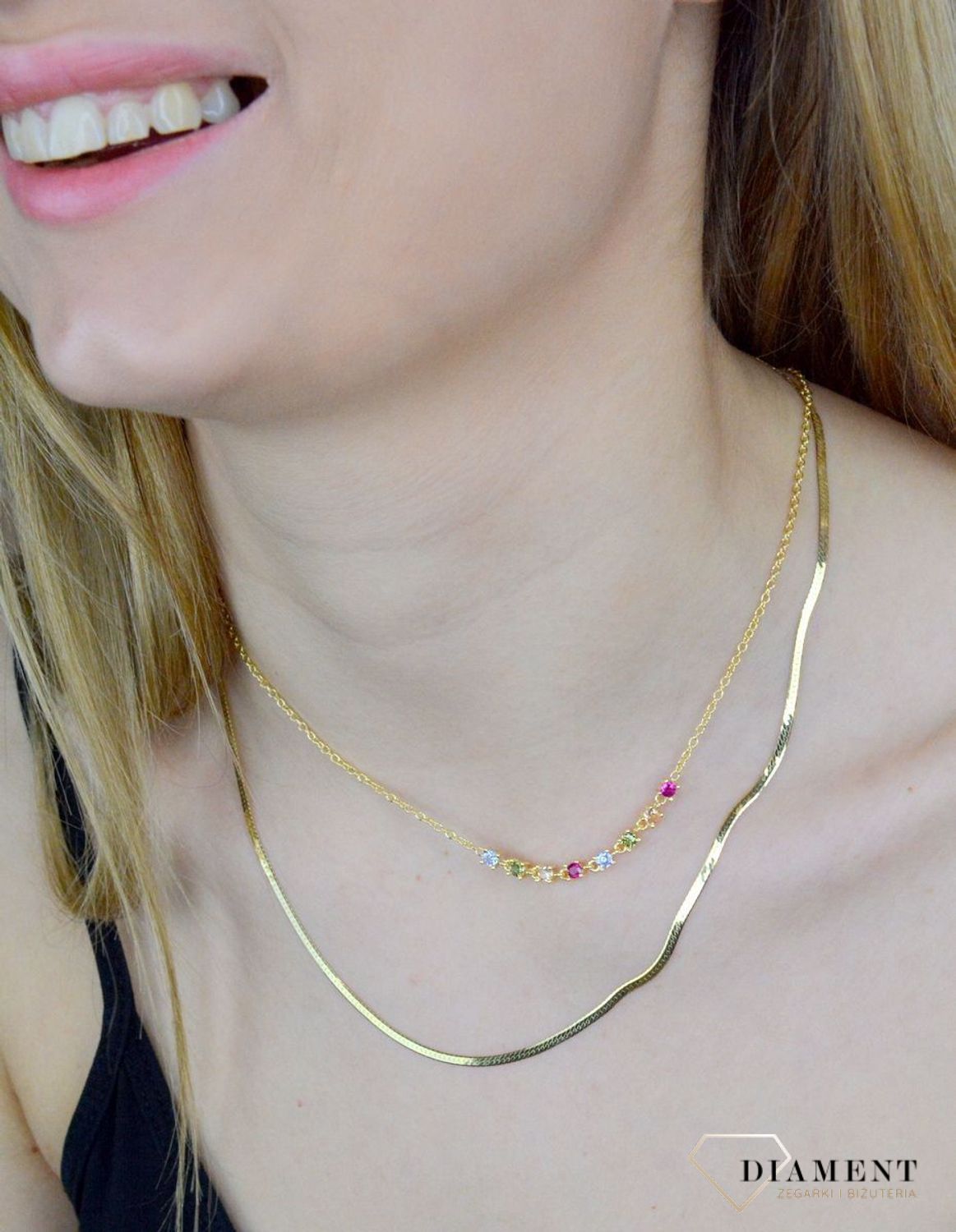 Naszyjnik wykonany z najwyższej próby srebra o dwóch połączonych łańcuszkach, żmijka i ankier z ozdobnymi kolorowymi cyrkoniami. Biżuteria o niezwykle oryginalnym aspekcie wizualnym.jpg