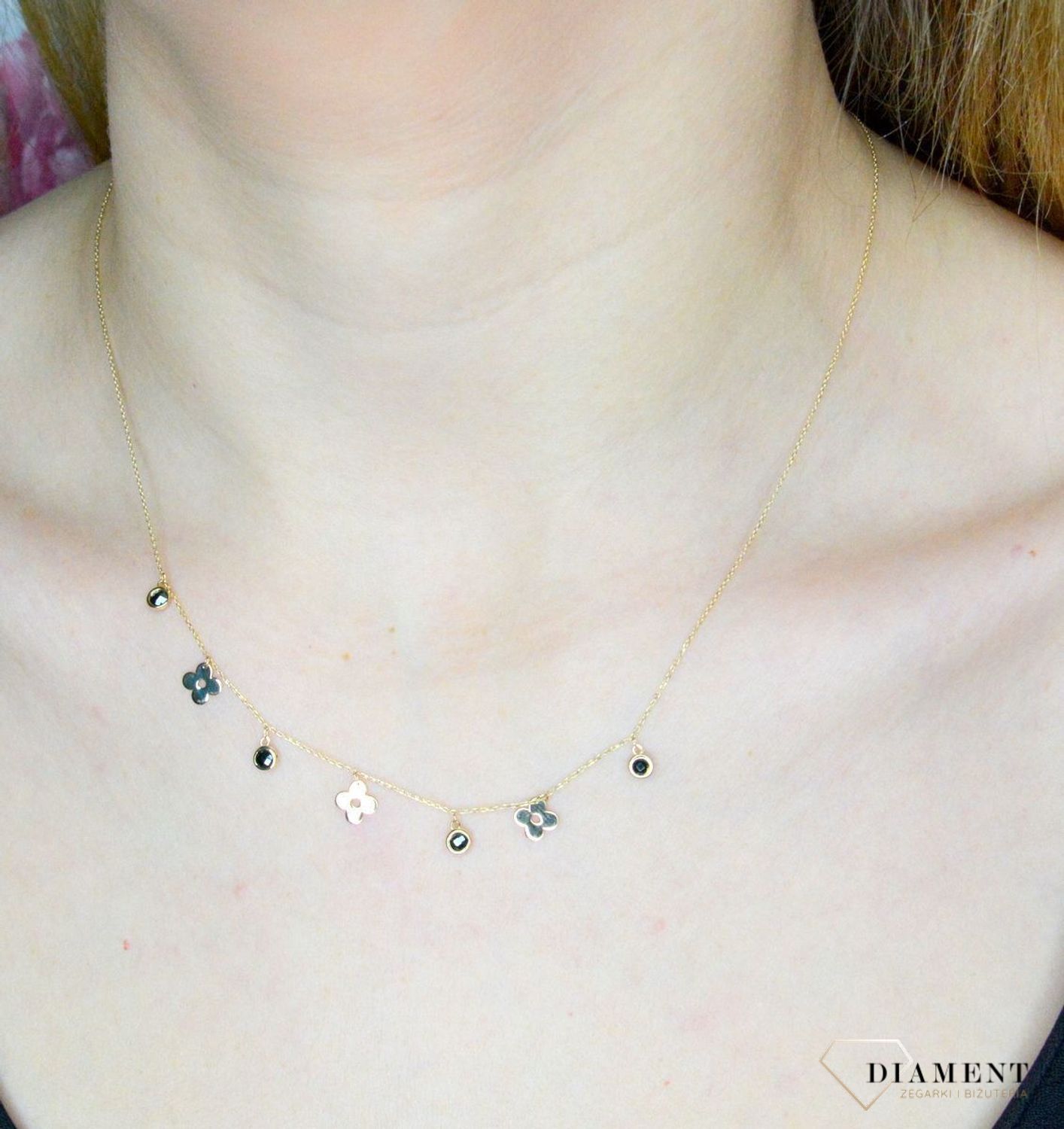 Naszyjnik złoty 585 z kwiatkami i czarnymi cyrkoniami DIA-NSZ-9714-585 (2).jpg