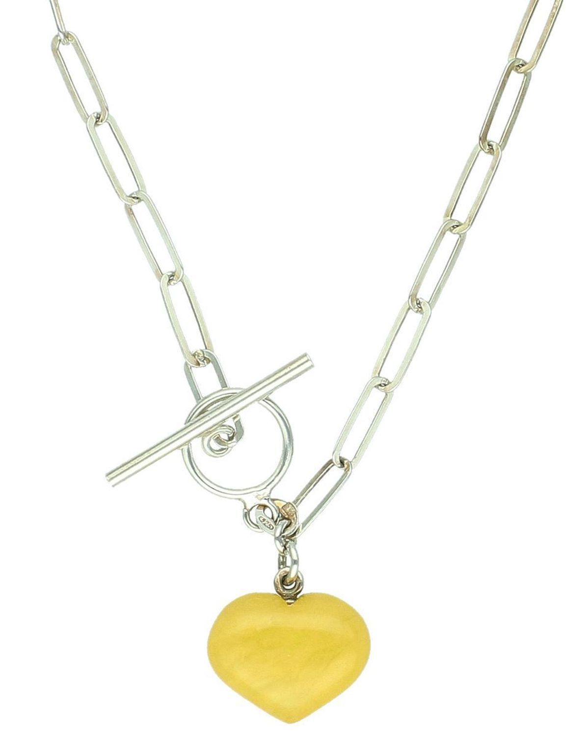 Srebrny naszyjnik z bursztynowym sercem w mlecznym kolorze.jpg