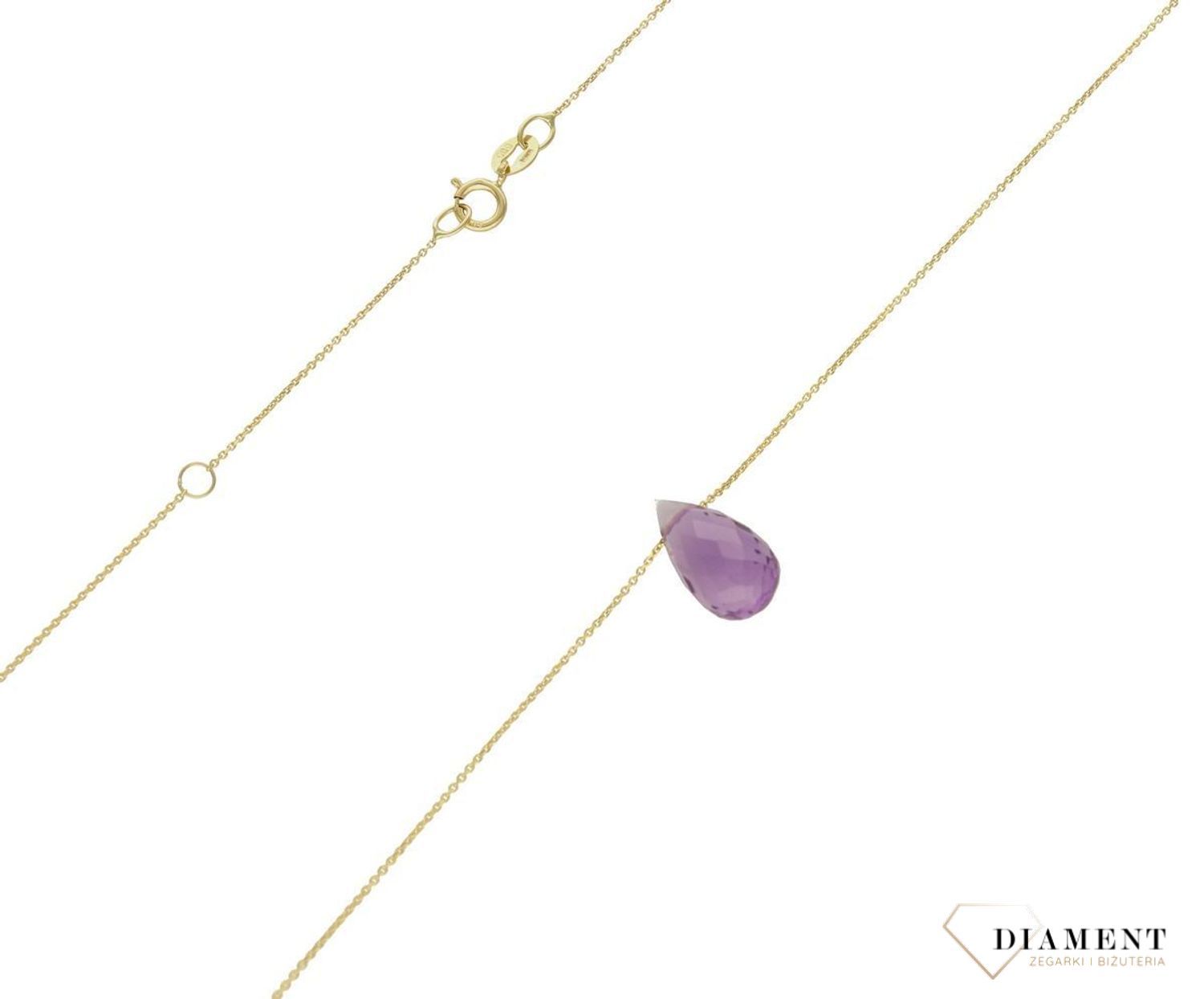 Złoty naszyjnik 585 z kamieniem naturalnym Ametyst DIA-NSZ-9974-585. Delikatna celebrytka z kamieniem naturalnym. Niezwykły blask kruszcu w połączeniu z odcieniem fioletu to idealne zestawienie na każdą okazję. Naszyjnik ażurowym ł.jpg