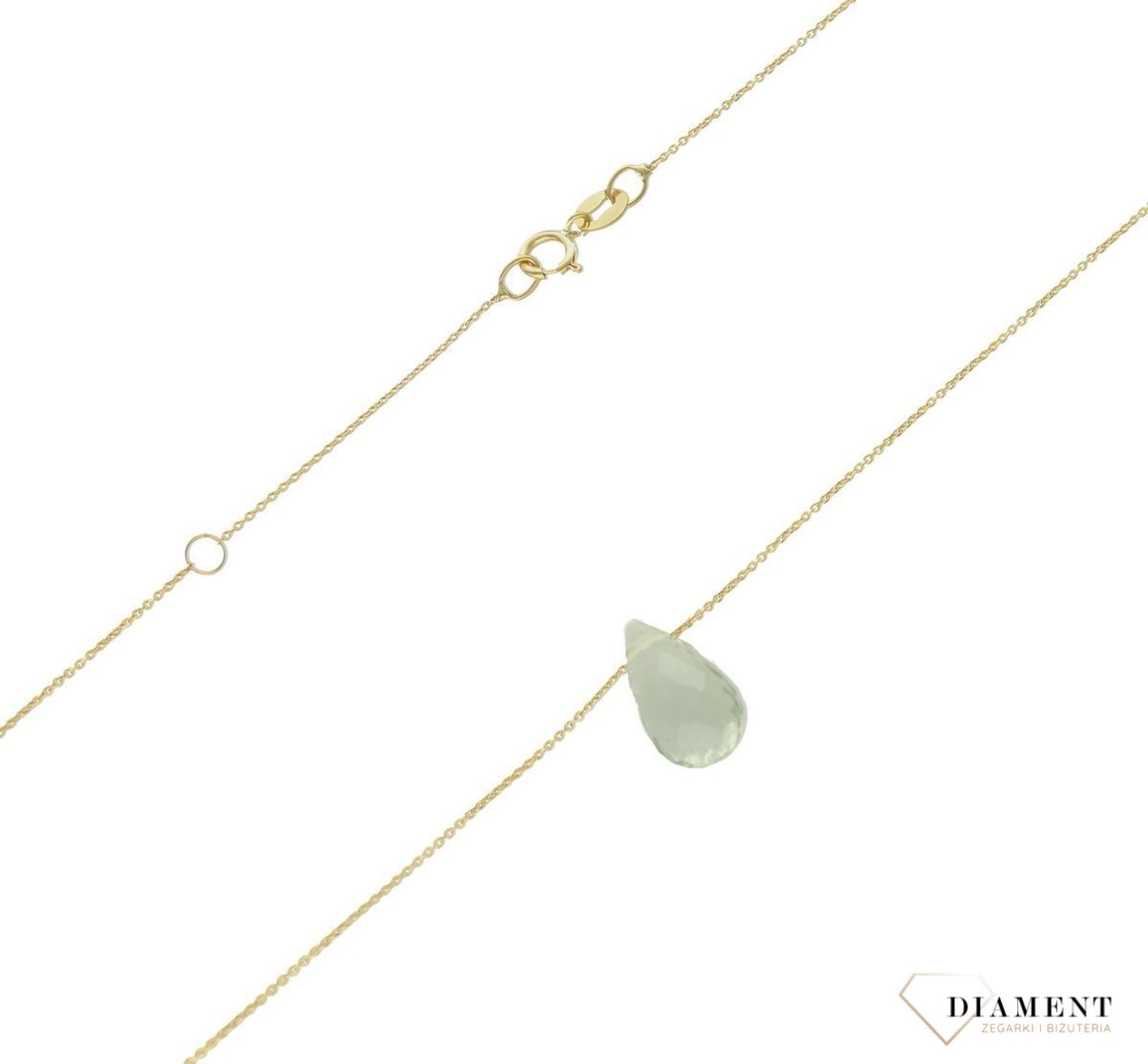 Złoty naszyjnik 585 z kamieniem naturalnym Prasiolit DIA-NSZ-9975-585.  Delikatna celebrytka z kamieniem naturalnym. Niezwykły blask kruszcu w połączeniu z odcieniem jasnej zieleni to idealne zestawienie na każdą okazję. Celebrytka.jpg
