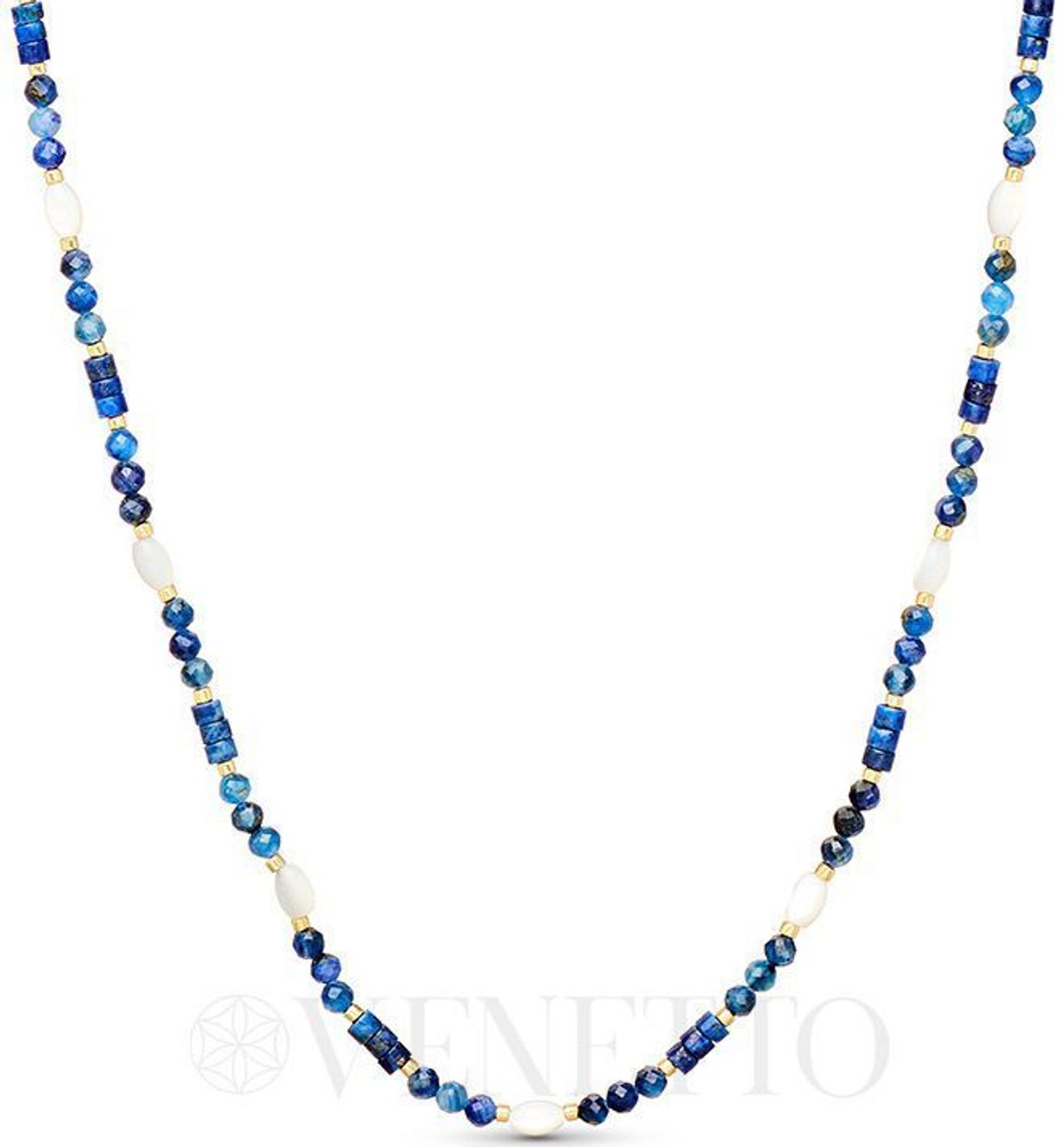 Pozłacany naszyjnik damski z naturalnym lapisem i masą perłową. Długość 40 + 5 cm, zapięcie na karabińczyk. Subtelny, elegancki dodatek do każdej stylizacji.1.jpg