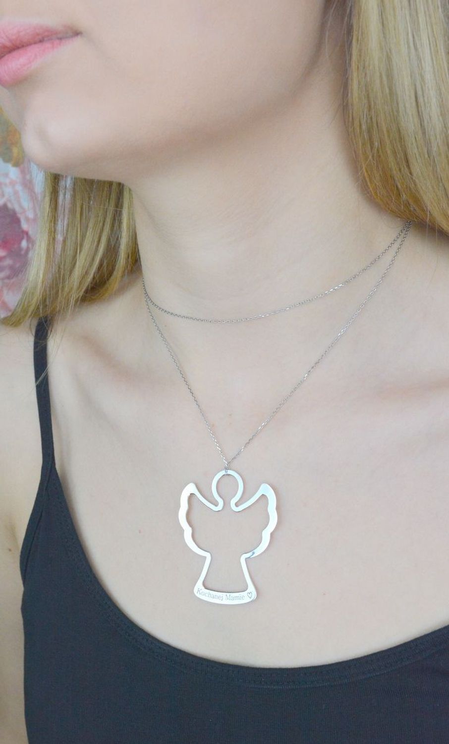 Srebrny naszyjnik damski Duży Anioł długi łańcuszek 80 cm ''Kochanej mamie'' Prezent na Dzień Mamy.jpg