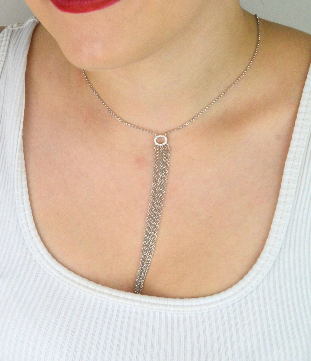 Srebrny naszyjnik damski próba 925 z cyrkonią i sześcioma łańcuszkami (10 cm), długość 66 cm + 4 cm przedłużenia. Zapięcie na karabińczyk, elegancka biżuteria.1.jpg