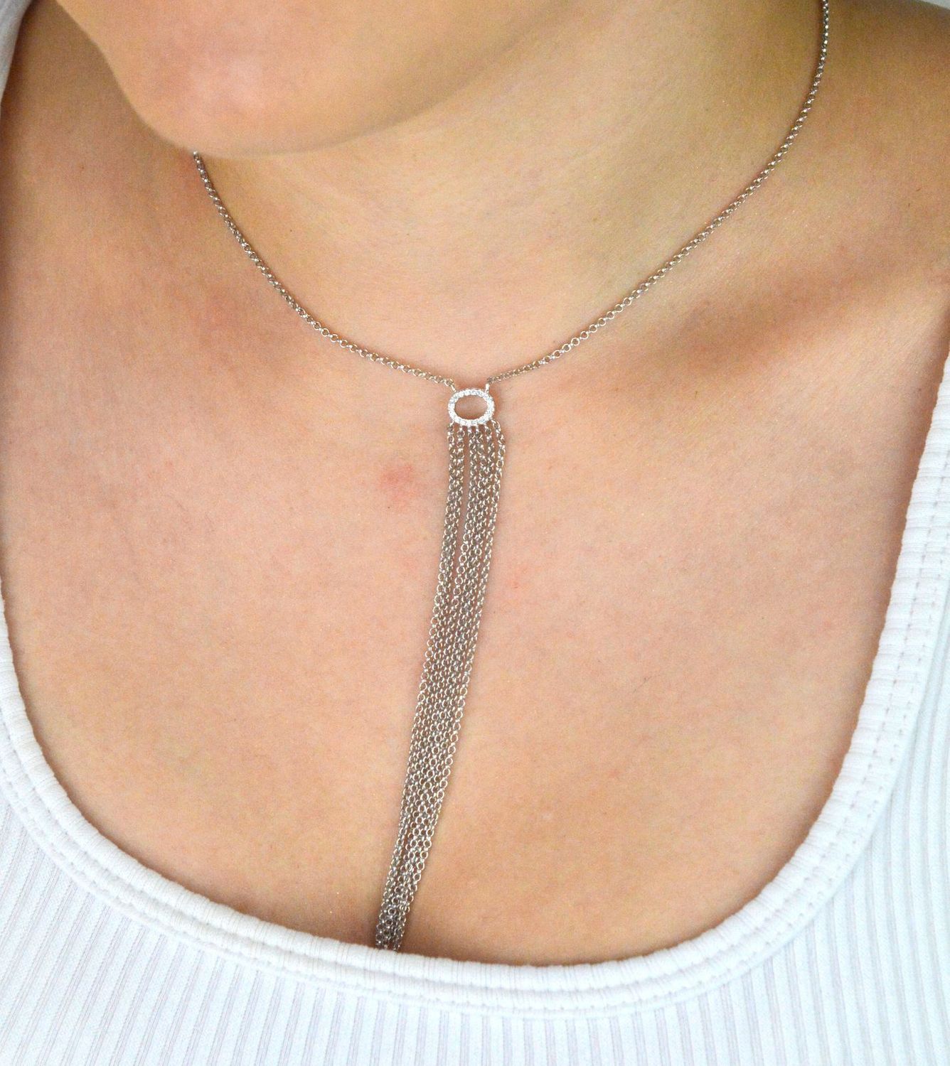 Srebrny naszyjnik damski próba 925 z cyrkonią i sześcioma łańcuszkami (10 cm), długość 66 cm + 4 cm przedłużenia. Zapięcie na karabińczyk, elegancka biżuteria.1.jpg