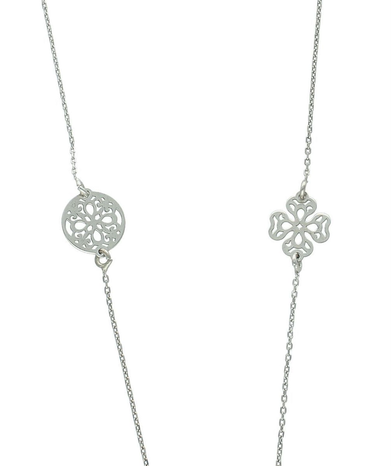 Elegancki naszyjnik damski srebrny próba 925 z dwoma ażurowymi kółeczkami i jedną koniczynką. Zapięcie na karabińczyk. Długość 70 cm, waga 2,60 g. Idealny na prezent.1.jpg