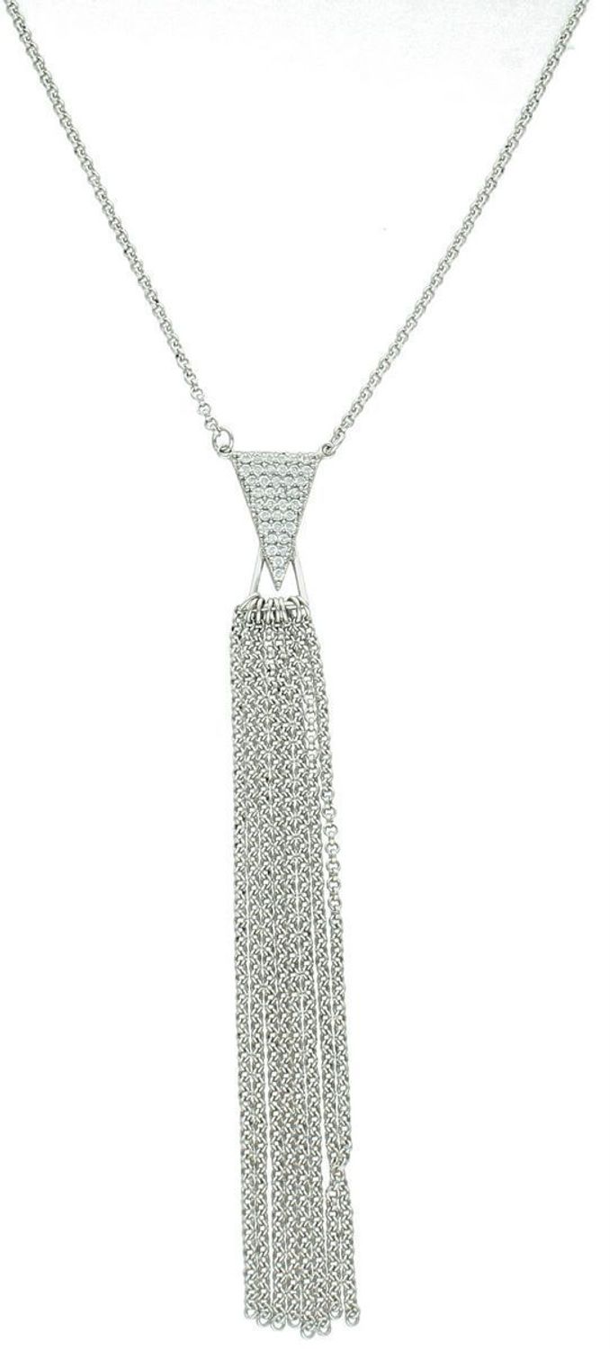 Srebrny naszyjnik 925 z trójkątną zawieszką z białymi cyrkoniami i wiszącymi łańcuszkami. Długość 65+4 cm. Elegancja z nowoczesnym stylem.1.jpg