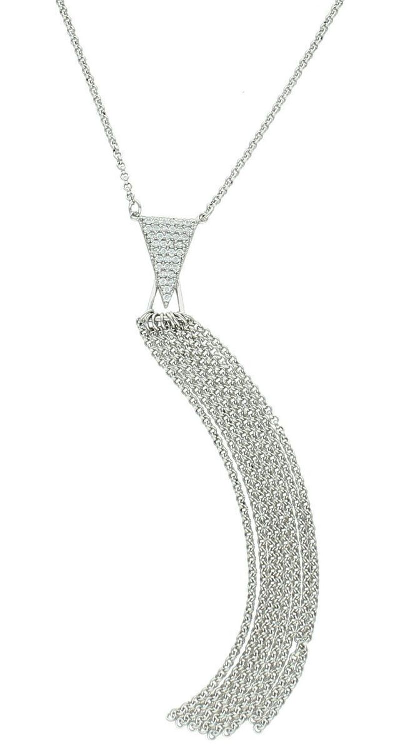 Srebrny naszyjnik 925 z trójkątną zawieszką z białymi cyrkoniami i wiszącymi łańcuszkami. Długość 65+4 cm. Elegancja z nowoczesnym stylem.1.jpg