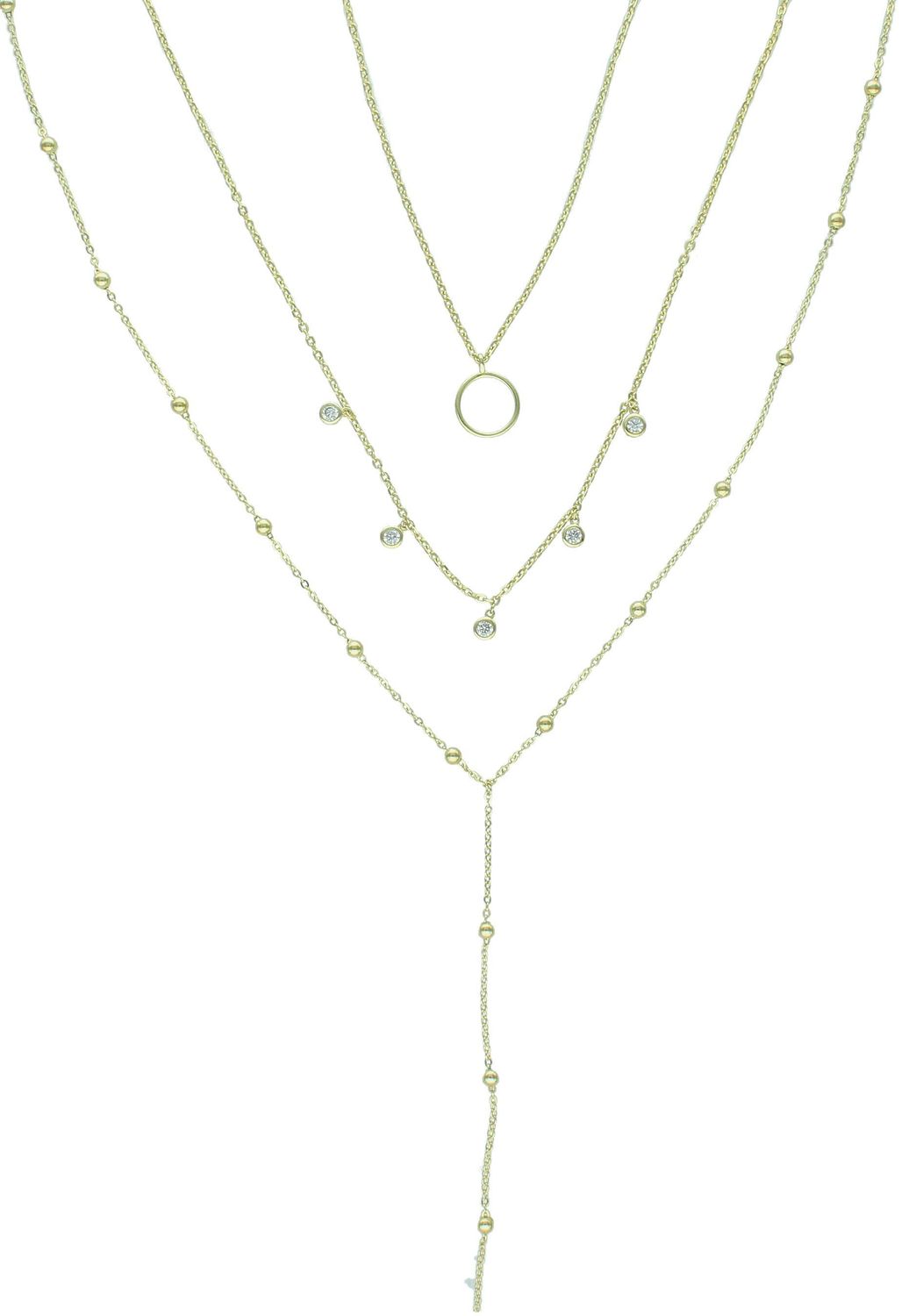 Naszyjnik potrójny pozł. srebro 925, DIA-NSZ-APARTI8-Z-925 Naszyjnik wykonany z najwyższej jakości srebra pozłacanego. Naszyjnik potrójny w formie celebrytki z kółeczkiem i cyrkoniami. Wykonany z próby 9251.jpg