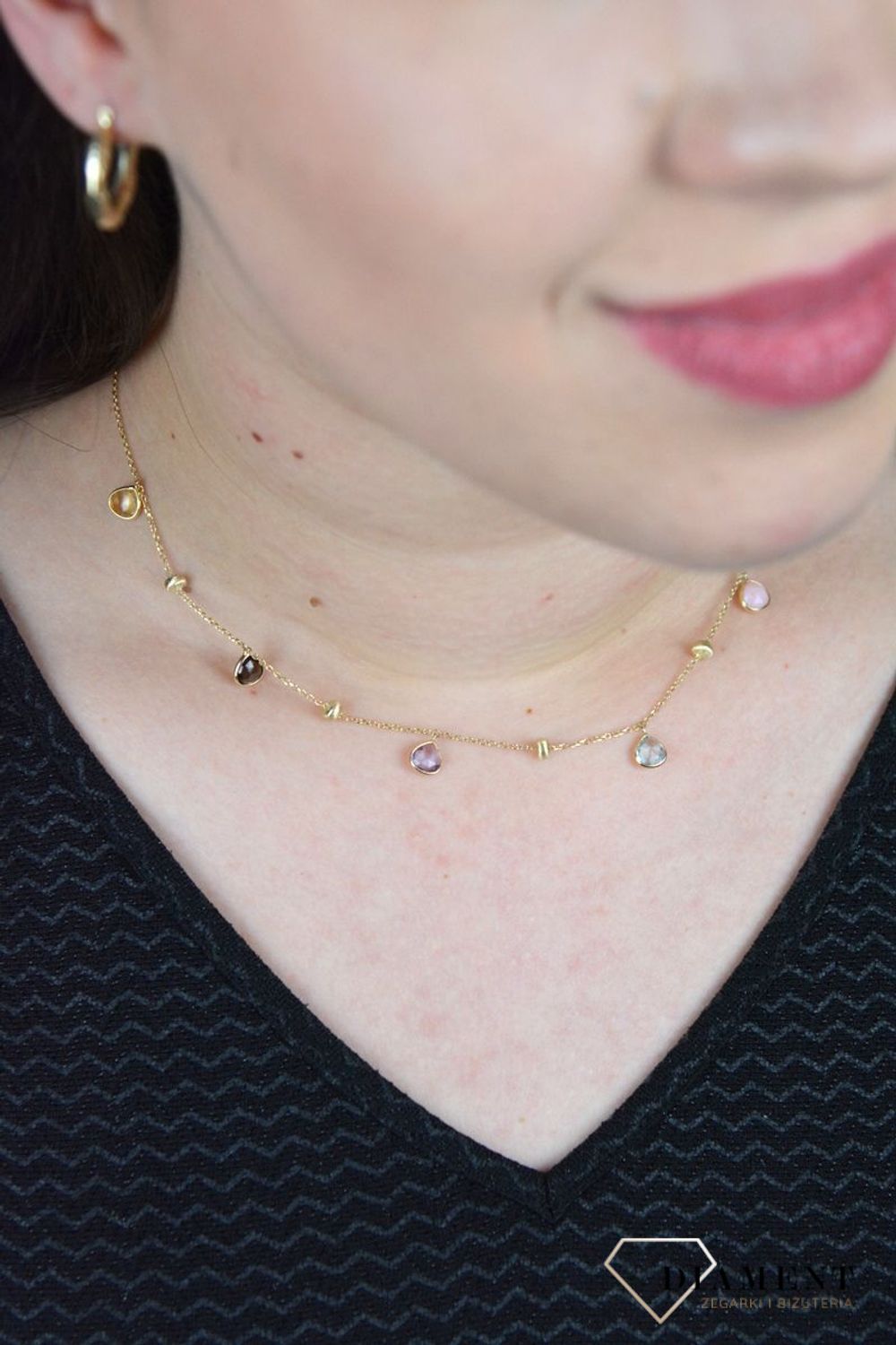 Złoty naszyjnik celebrytka z kamieniami naturalnymi i złote kuleczki DIA-NSZ-BF1409-585.jpg