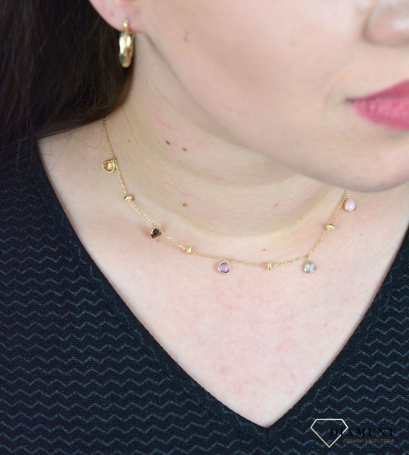Złoty naszyjnik celebrytka z kamieniami naturalnymi i złote kuleczki DIA-NSZ-BF1409-585.jpg