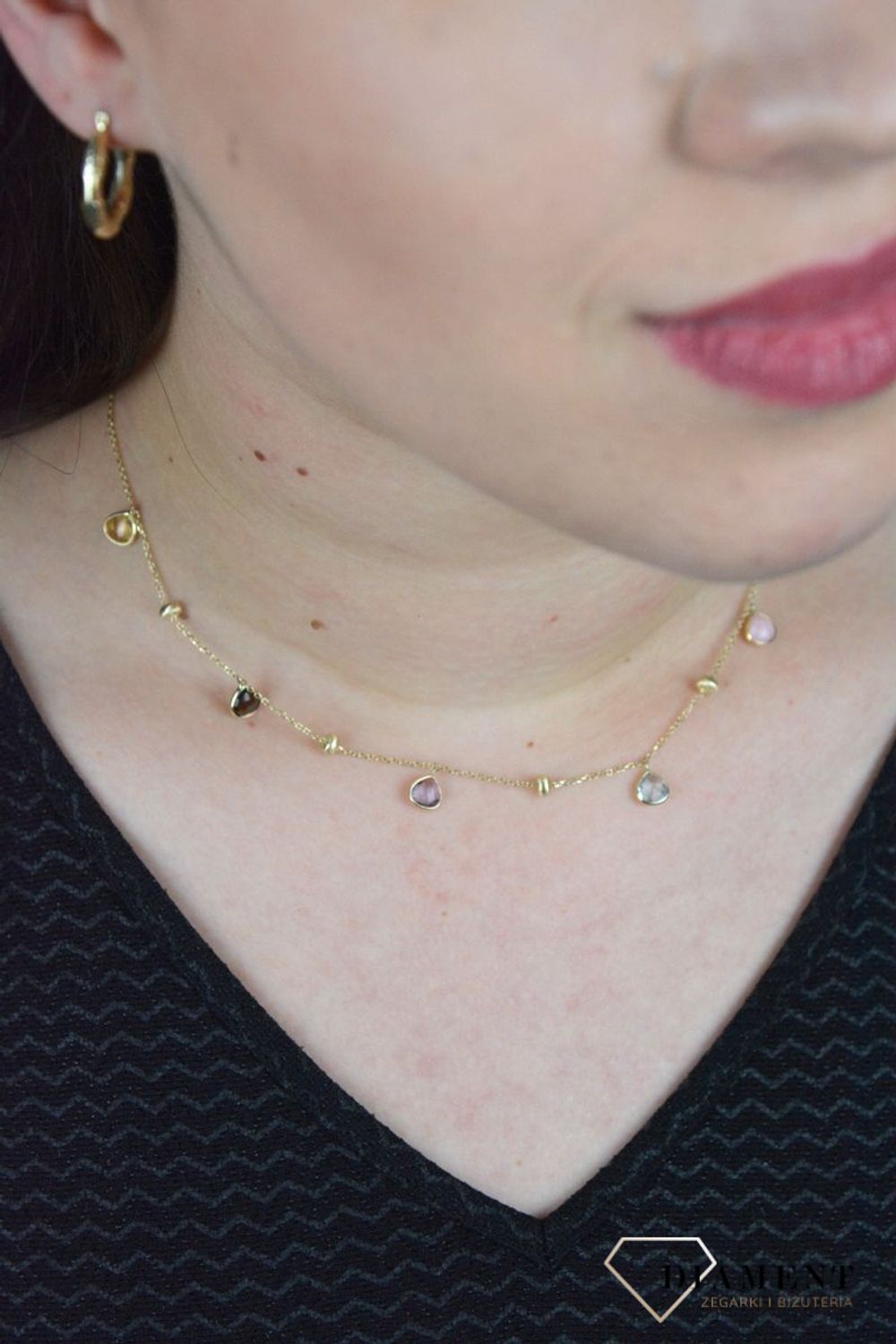 Złoty naszyjnik celebrytka z kamieniami naturalnymi i złote kuleczki DIA-NSZ-BF1409-585.jpg