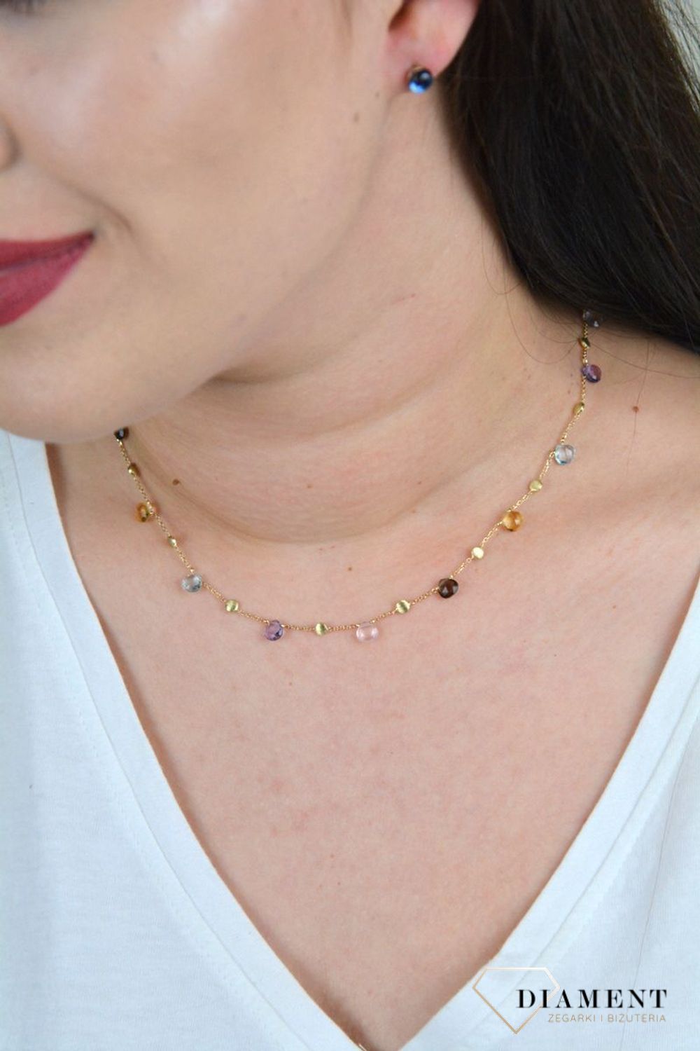 Złoty naszyjnik celebrytka z kamieniami naturalnymi cytryn, ametyst, kwarc dymny DIA-NSZ-BF1421-585.jpg