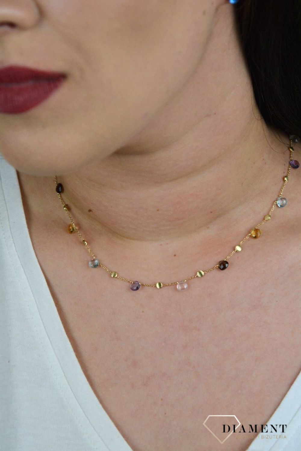Złoty naszyjnik celebrytka z kamieniami naturalnymi cytryn, ametyst, kwarc dymny DIA-NSZ-BF1421-585.jpg